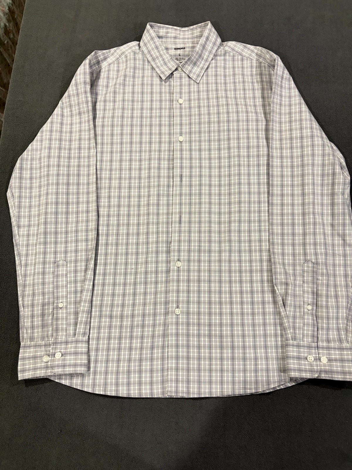 Sonoma Shirt Mens Large Gray Plaid Cotton Stretch Pleated Performance Button Up