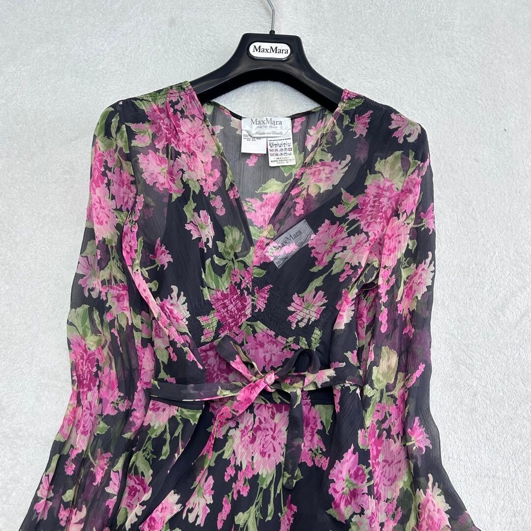 Max Mara Silk Floral Maxi Dress Ribbon Tie Black Pink Slip Auth