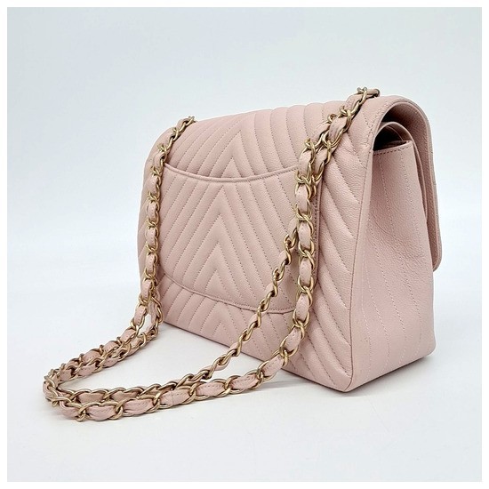 CHANEL Jumbo Classic Large Flap Bag Light Pink Chevron Gold CC 2Way Bag