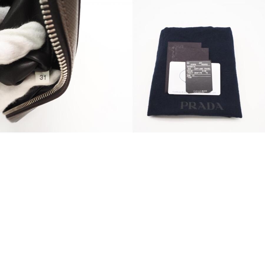 PRADA 2VF052 Clutch Saffiano Leather Greige Mens Zipper Pockets Card Slots