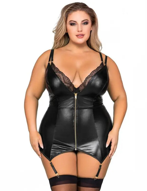 Wet Look Lace Double Strap Zipper Suspender Basque