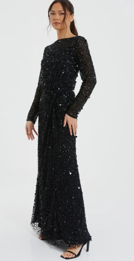 Quiz Embellished Black Sparkle Evening Dress Gown – sz 6 / 10 UK -msrp $350