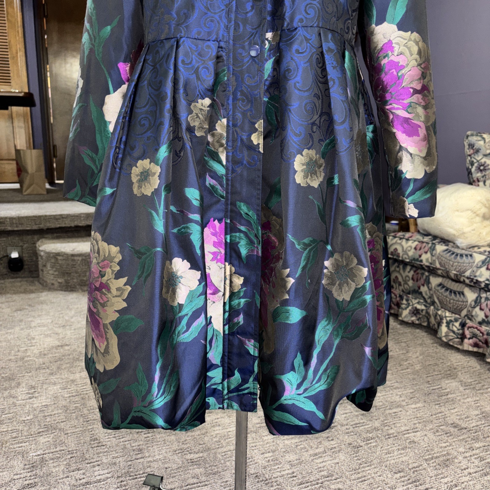 Samuel Dong Bubble Coat Trench Dress Womens Size L Blue Floral