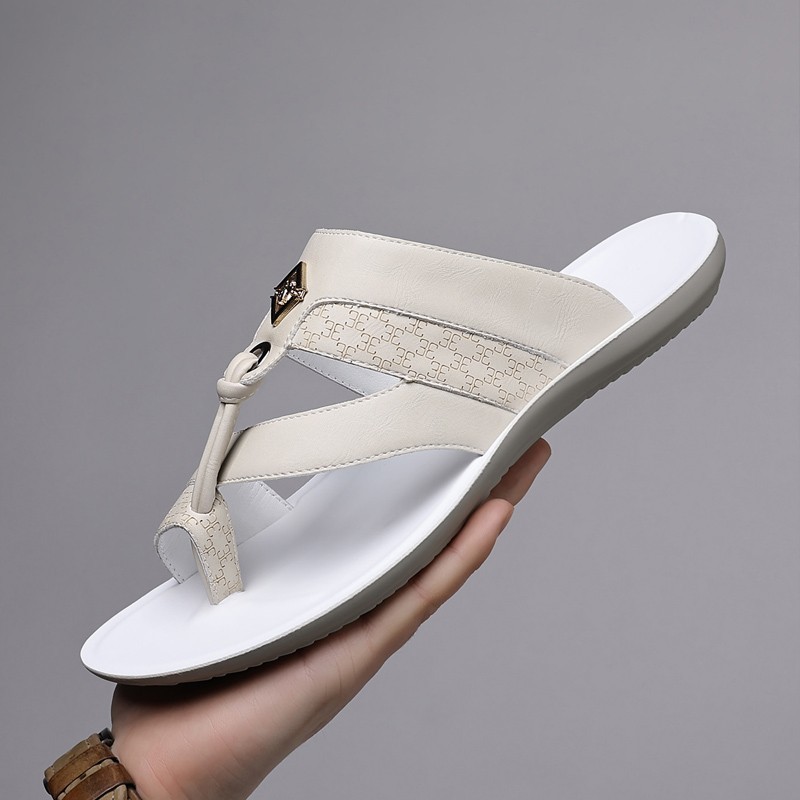 Men’s Metal Decor Thong Slide Sandals, Embossed PU Leather, Comfort Rubber Sole