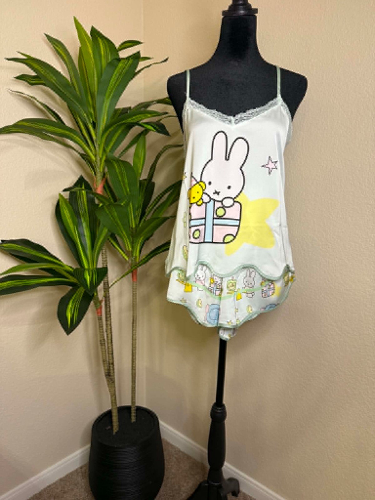 Miffy Character Pajama Set Light Green Satin Cami Tank Ruffle Shorts Loungewear