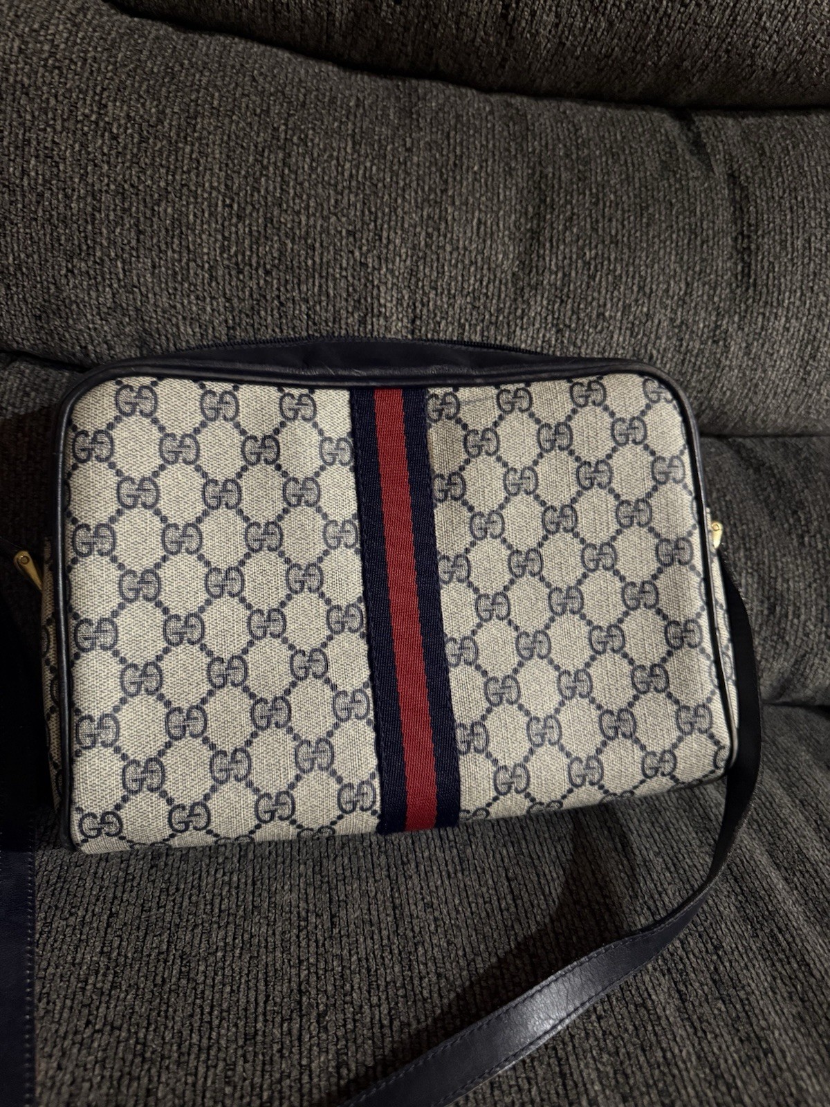 Authentic GUCCI Ophidia Navy Monogram Canvas Crossbody Bag.