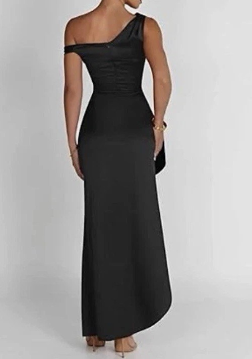 Memoriesea Satin Off Shoulder Maxi Dress Black High Slit Formal M NWT
