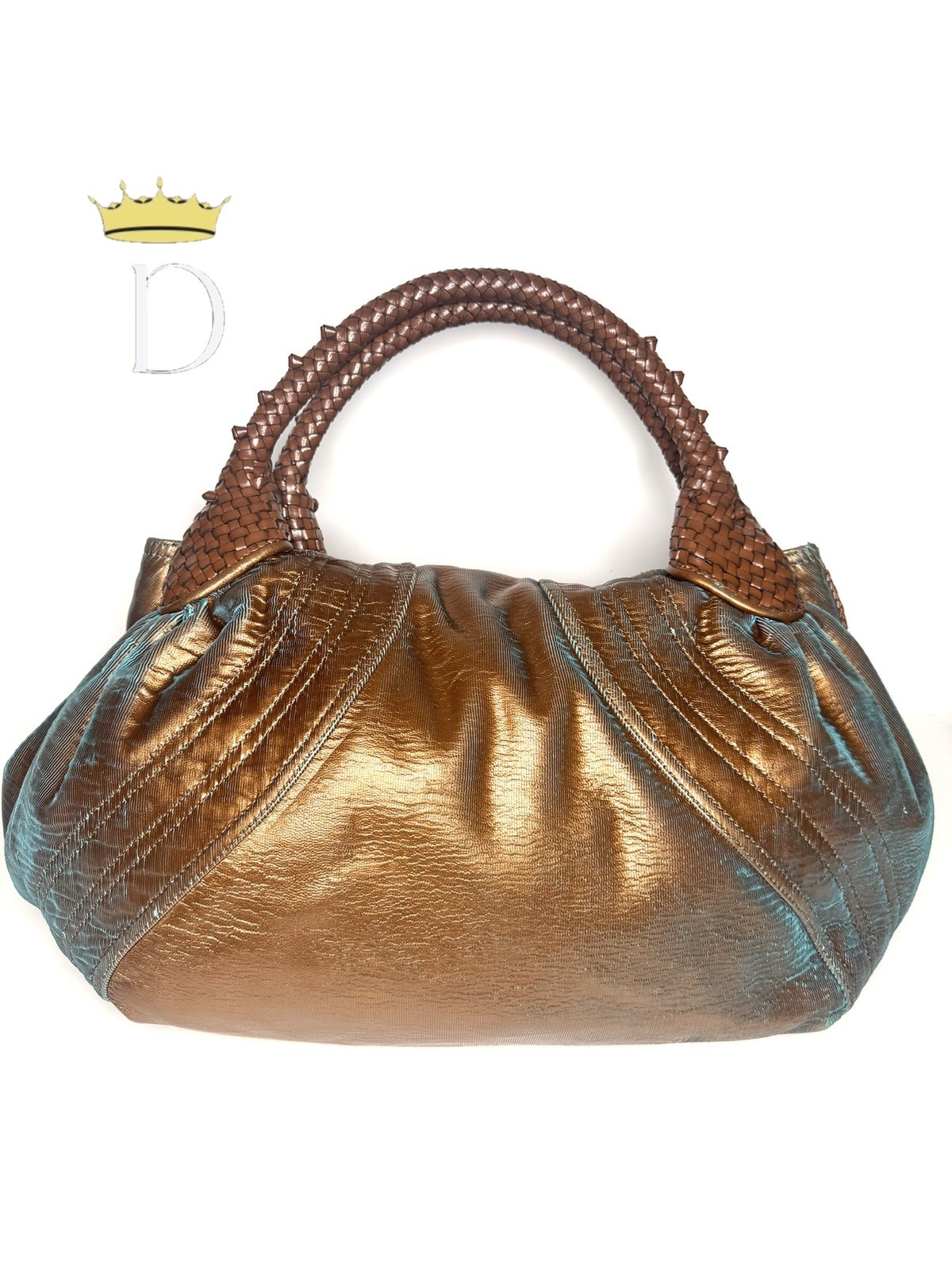 Fendi Metallic Bronze Leather Spy Bag – Braided Handles, & FF Logo Interior