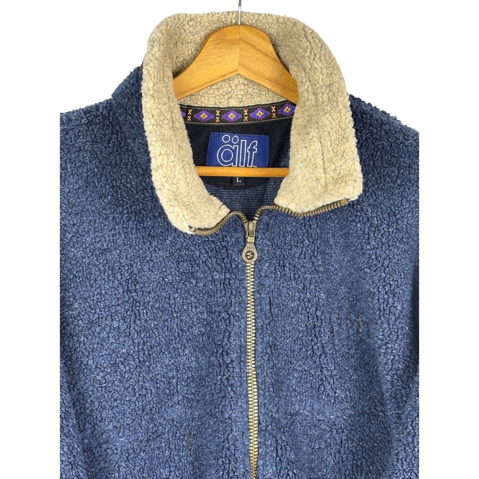 VTG Alf/Kuhl Mens Blue Deep Pile Fleece Jacket Full Zip USA Made Aspen Sz L