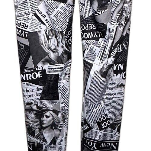 Newspaper Vogue Leggings Womens XS Black & White Graphic Print Stretch Retro