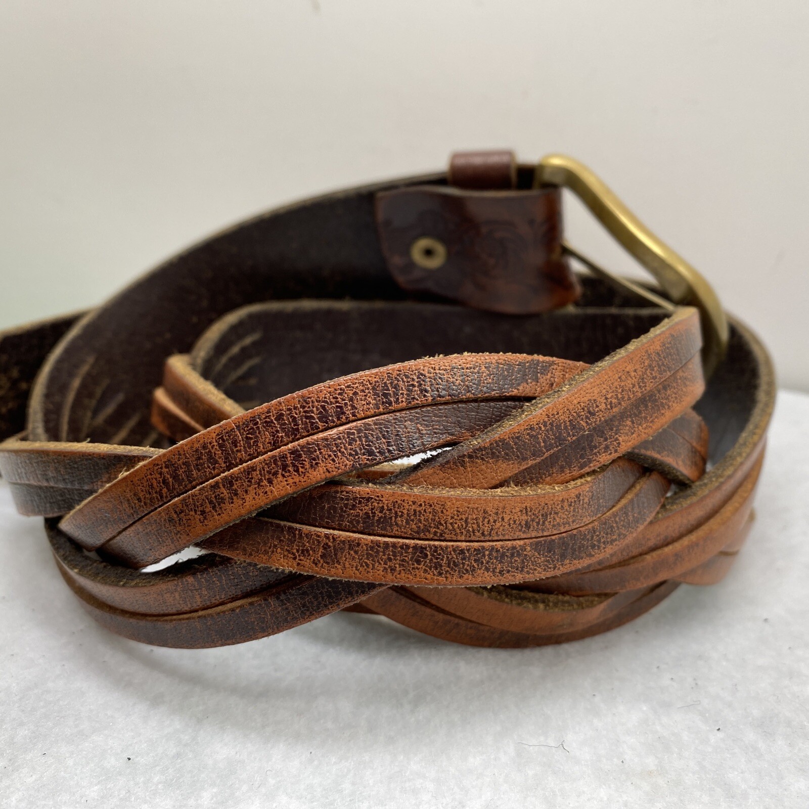 Leather Western Belt Braiding Tooling Detail ~ Brass Buckle Flowers ~40 Inches