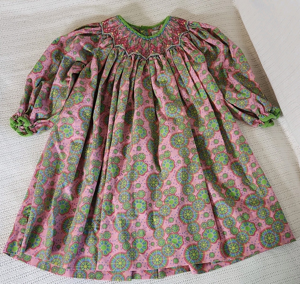 Petit Ami Smocked Green/Pink Multicolor Long Sleeve Dress 2t