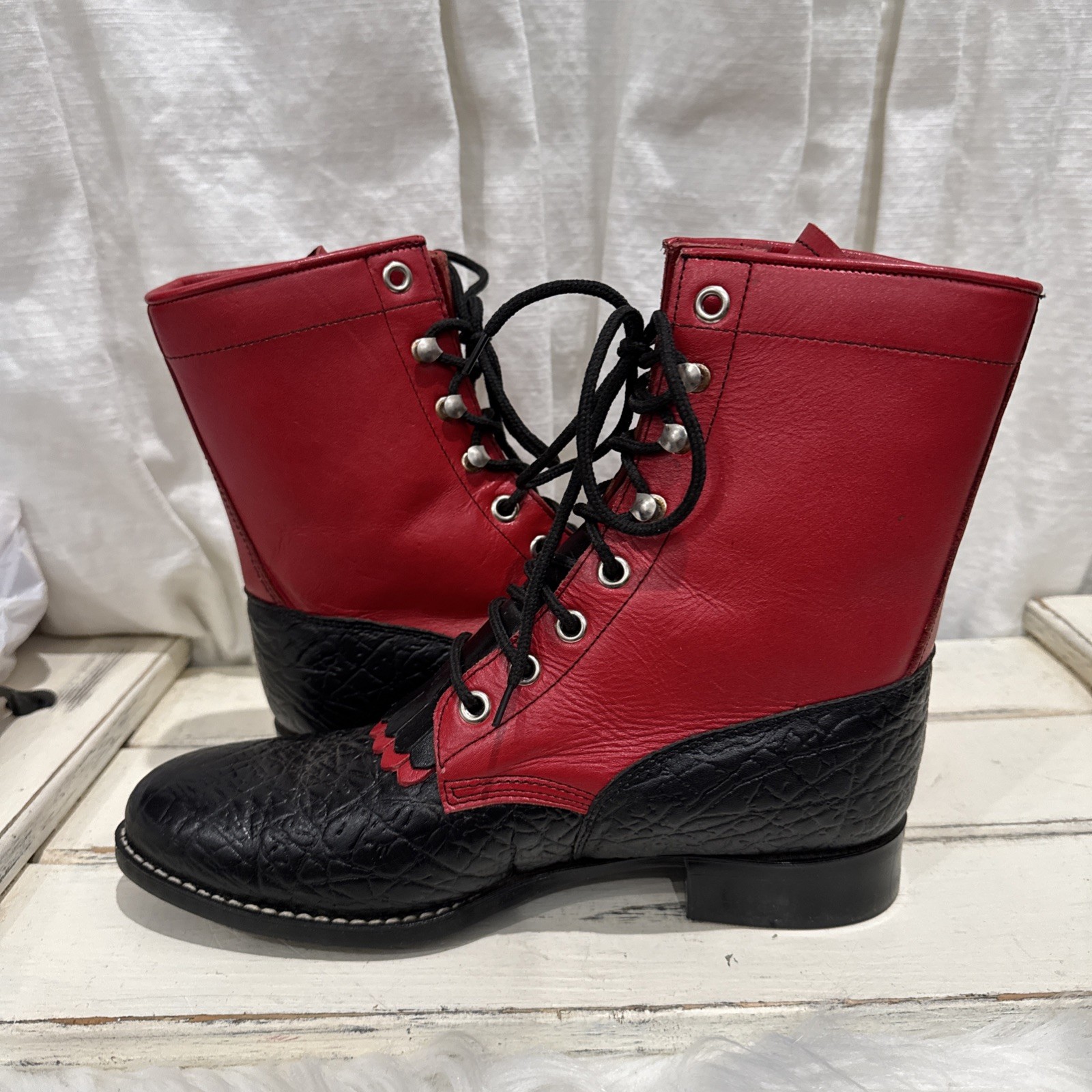 Red black Leather Boots Cowgirl Womens Sz 7B Granny Grunge Gothic Punk saloon