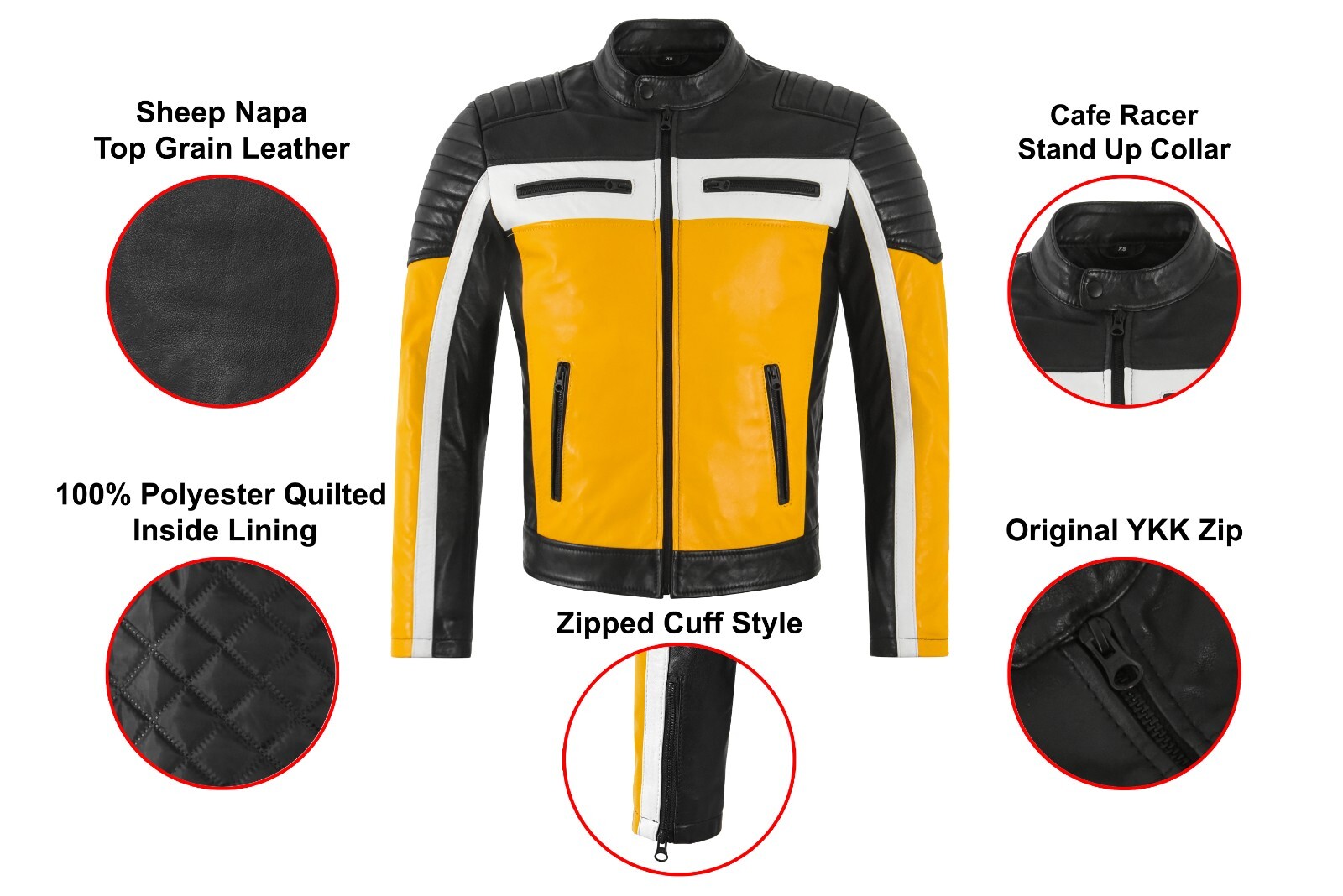 Cafe Racer Men’s Biker Leather Jacket Black Yellow Retro Style Motocross Jacket