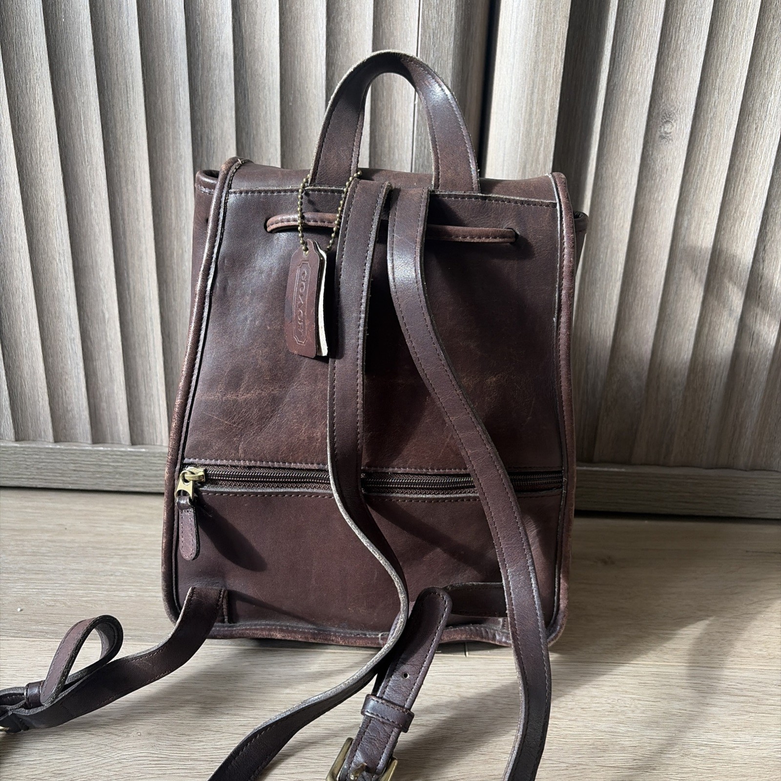 Vintage Coach USA Brown Leather Backpack Turnlock Drawstring Small Bag