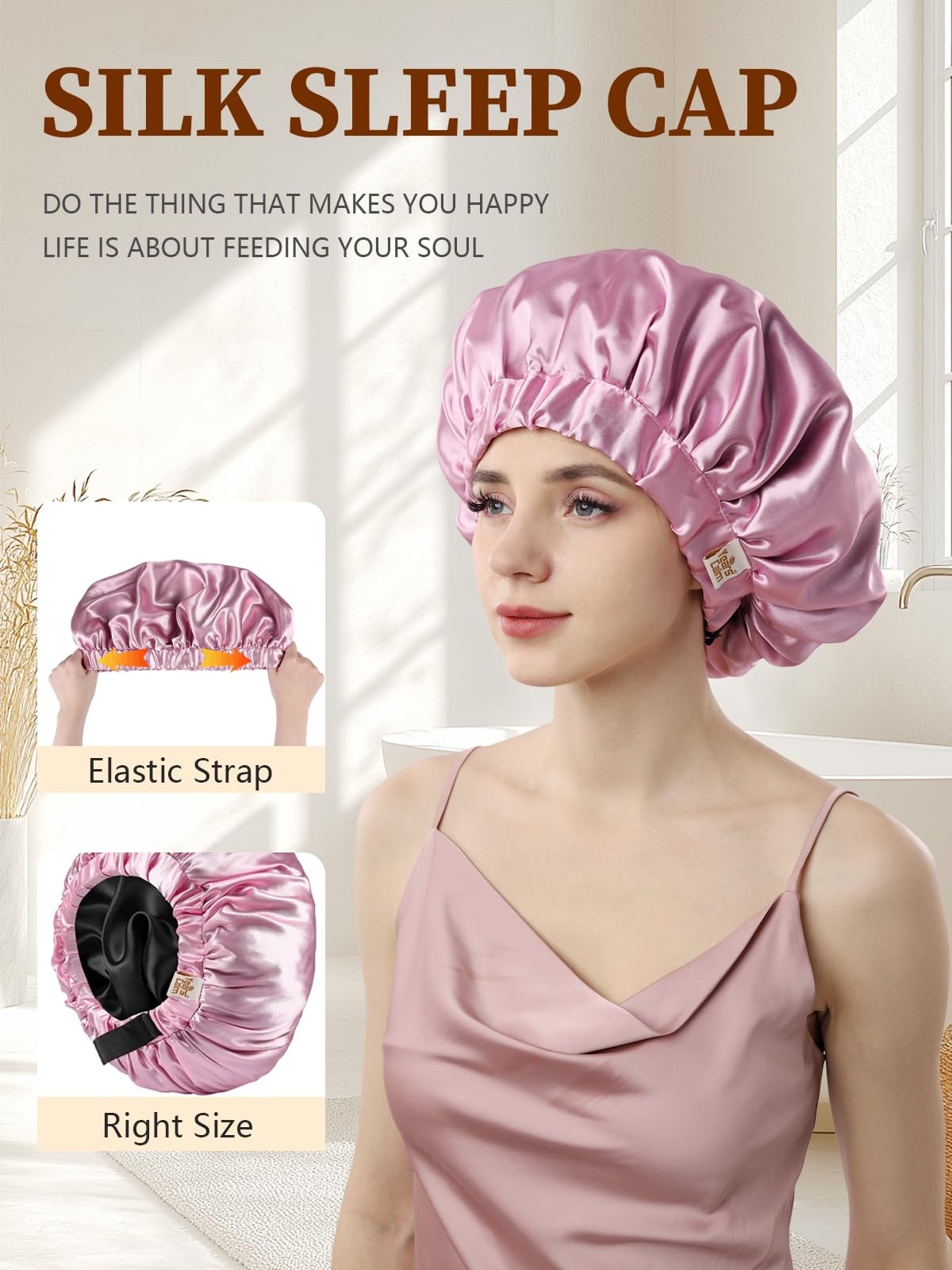 Silk Bonnet for Sleeping Women, Double Layer Satin, Ajustable Elasticity Band， H