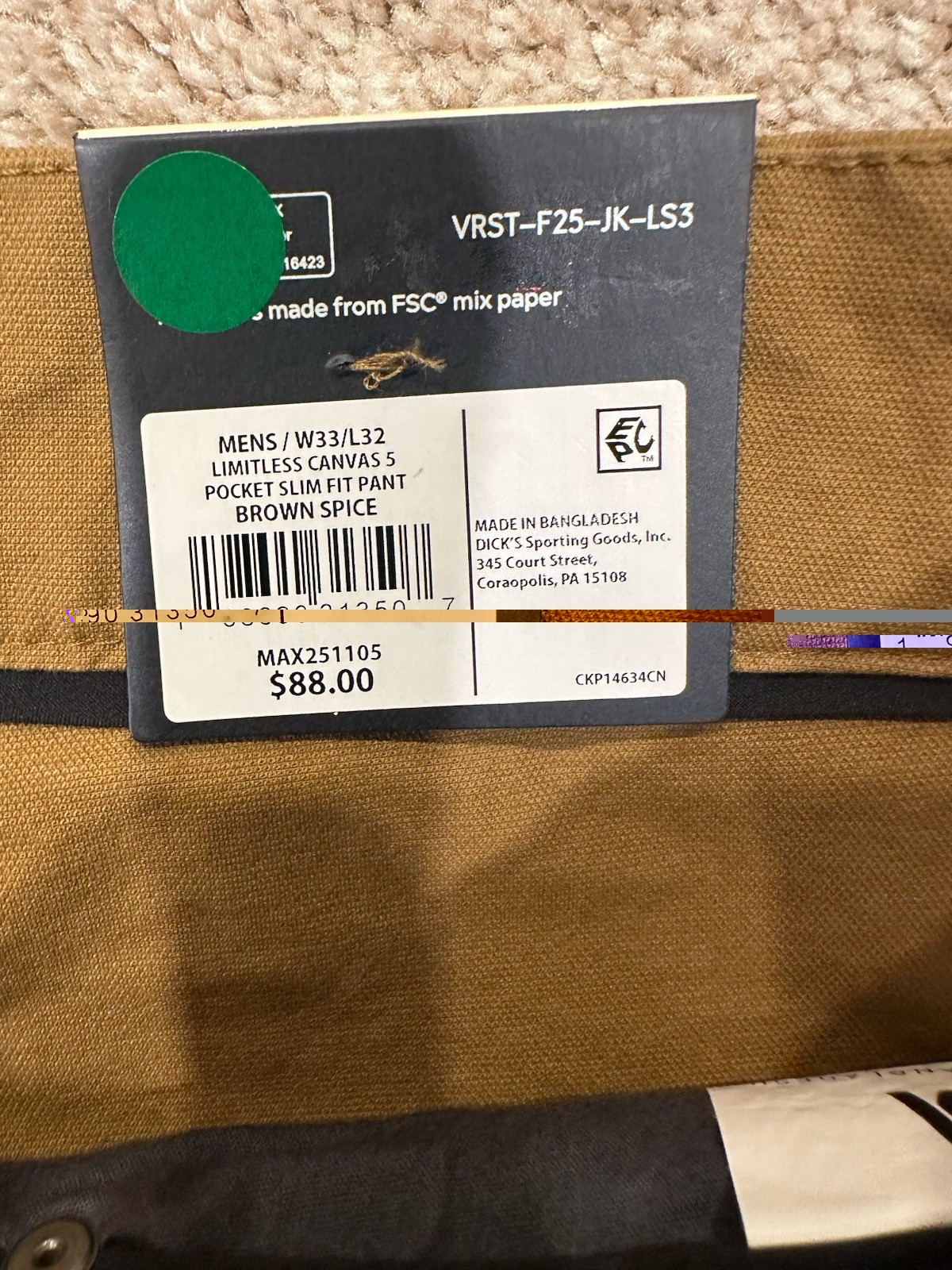 VRST Limitless Canvas 5 Pocket Pants 33×32 Slim Fit Stretch Tan Beige Khaki New