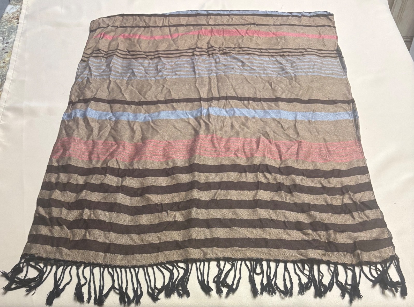 Women’s 100% Pashmina Shawl Wrap Scarf Brown Blue Pink Striped Tassel Sz 72×26”