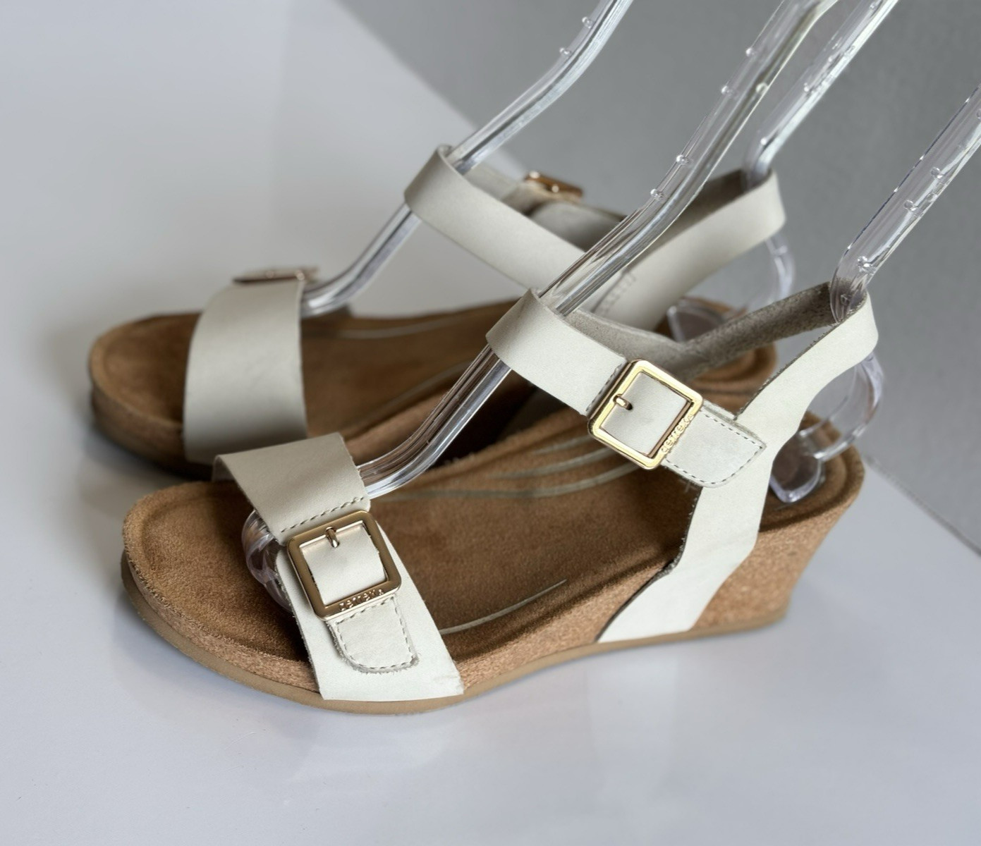 Aetrex Lexa Quarter Strap Wedge Sandals Women’s 7.5 Ivory Leather Open Toe Cork