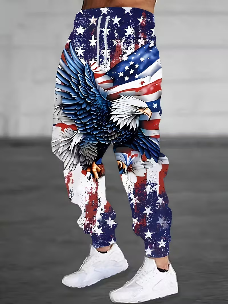 American Flag Eagle Print Sweatpants with Drawstring & Pockets