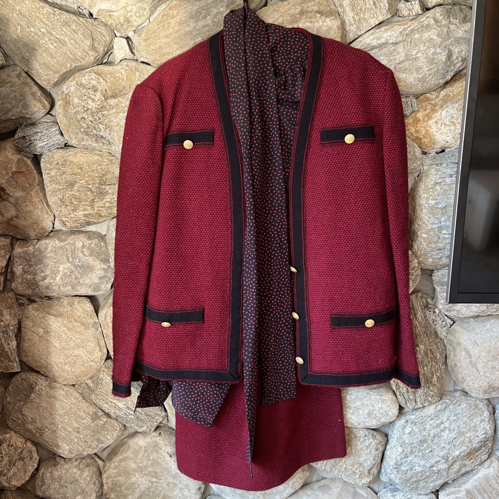 Castleberry Cranberry Red Black Knit Wool Blend Skirt Suit Set Jacket Top 3 Pcs