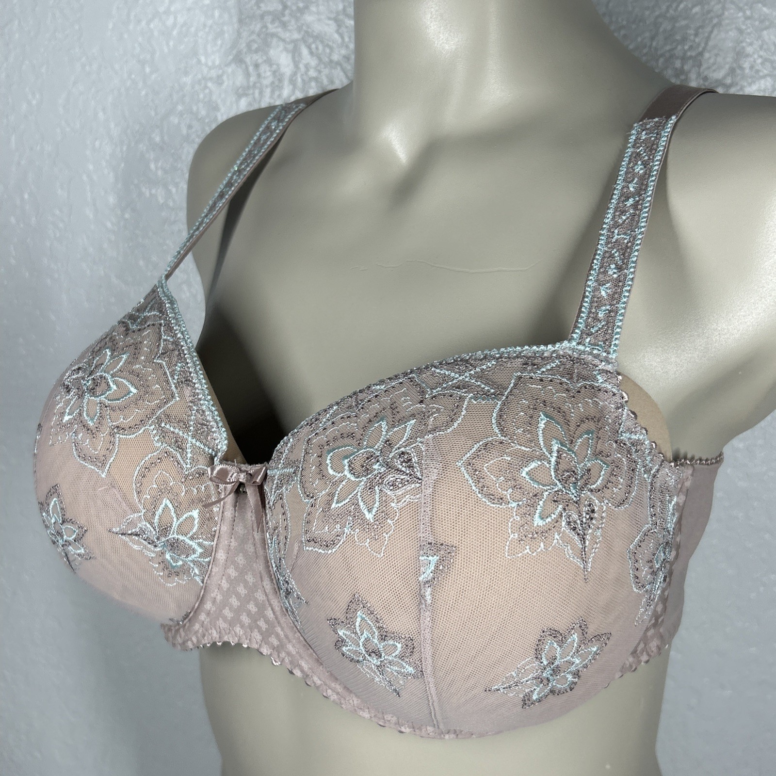 Prima Donna Lotus Side Support Wire Bra Unpadded UK 42D Lace Bows Green Beige