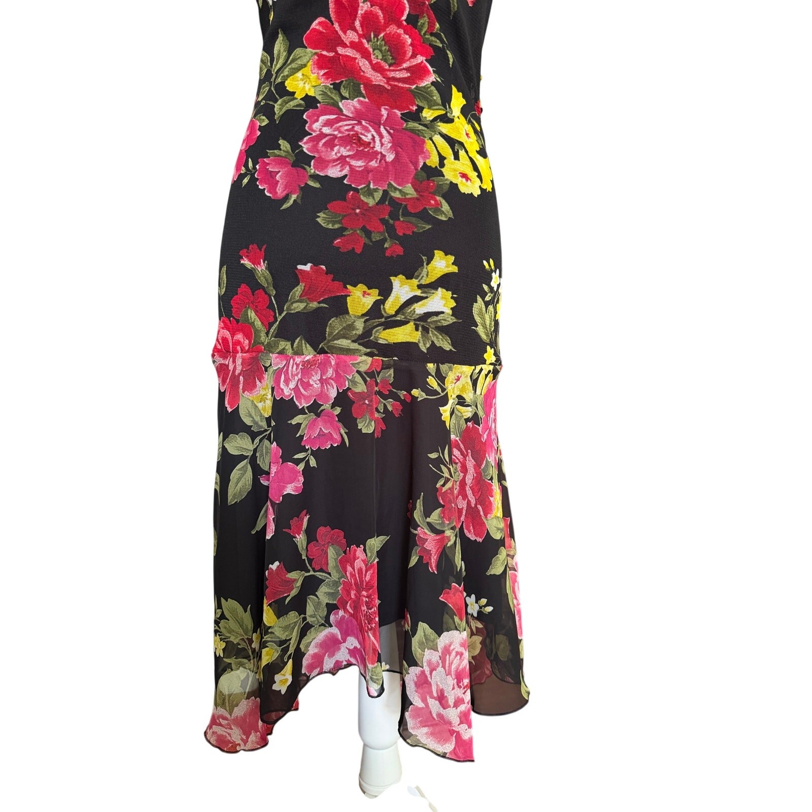 Morgan De Toi Floral Ruched Midi Dress Black Sheer Overlay Ruffle Size T2 S