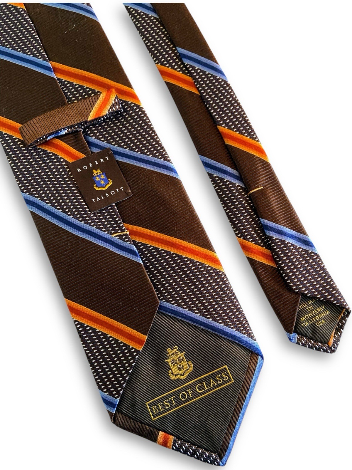 Robert Talbott Best Of Class Silk Tie Brown Orange Navy Blue Striped Hand Sewn