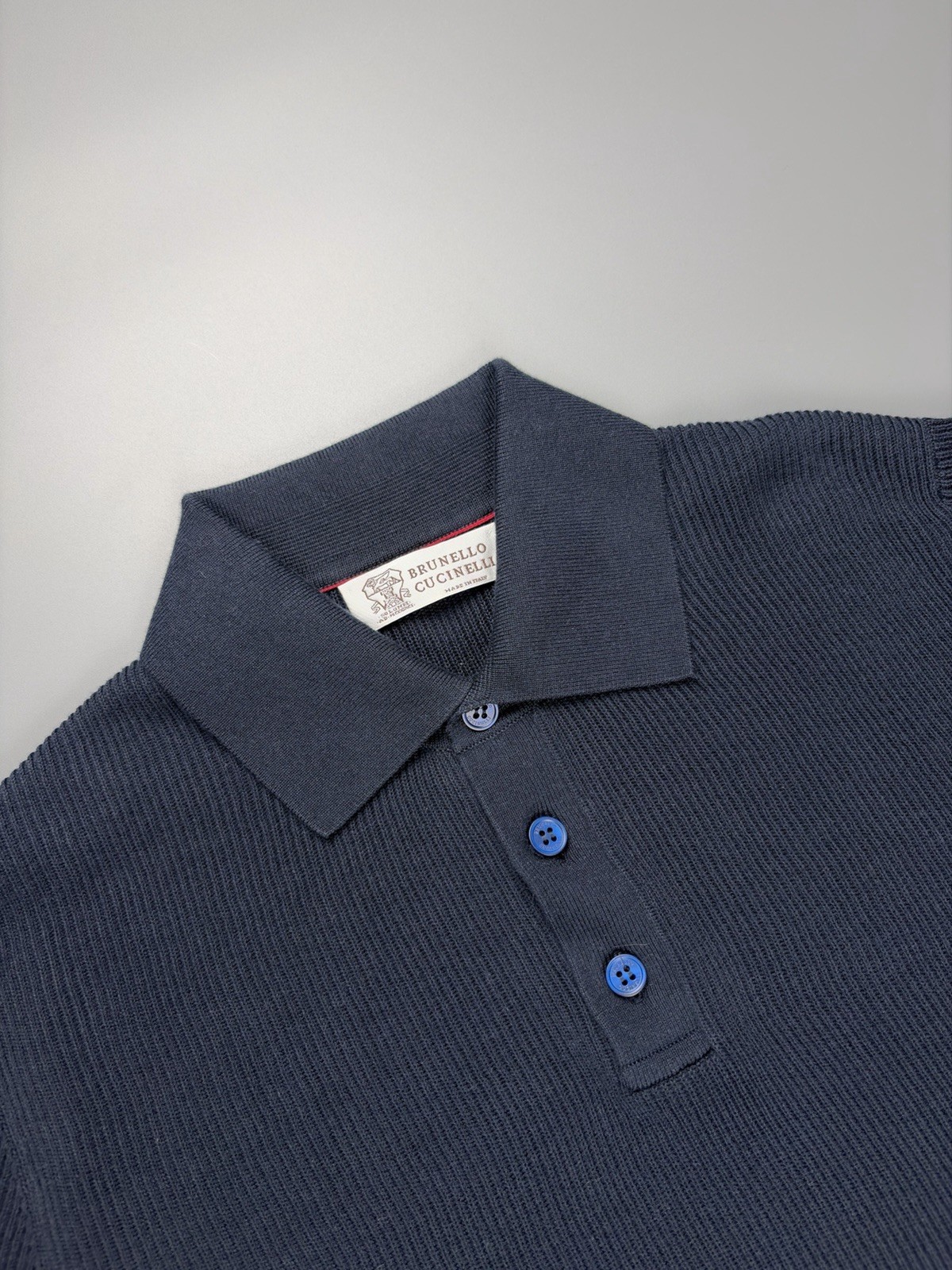 Mens Brunello Cucinelli Cotton Rib Knit Polo Shirt Dark Blue Size 48
