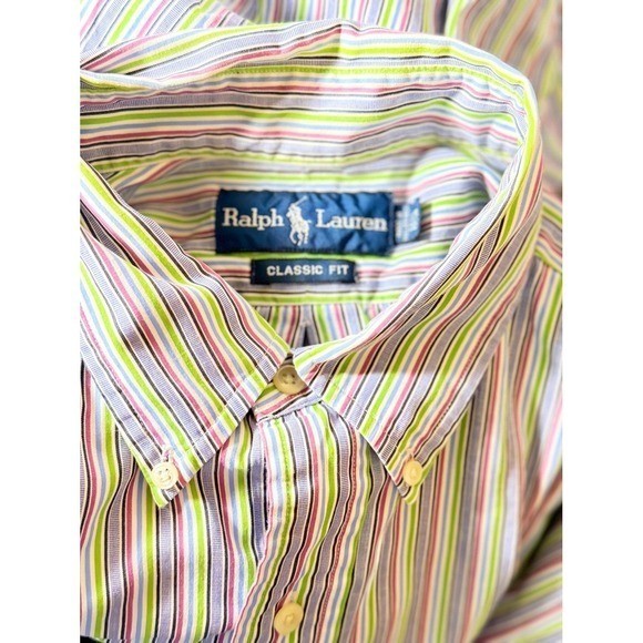 Ralph Lauren Men’s Multi-Stripe Button-Down Shirt 16.5 -34/35 Green/Purple/White