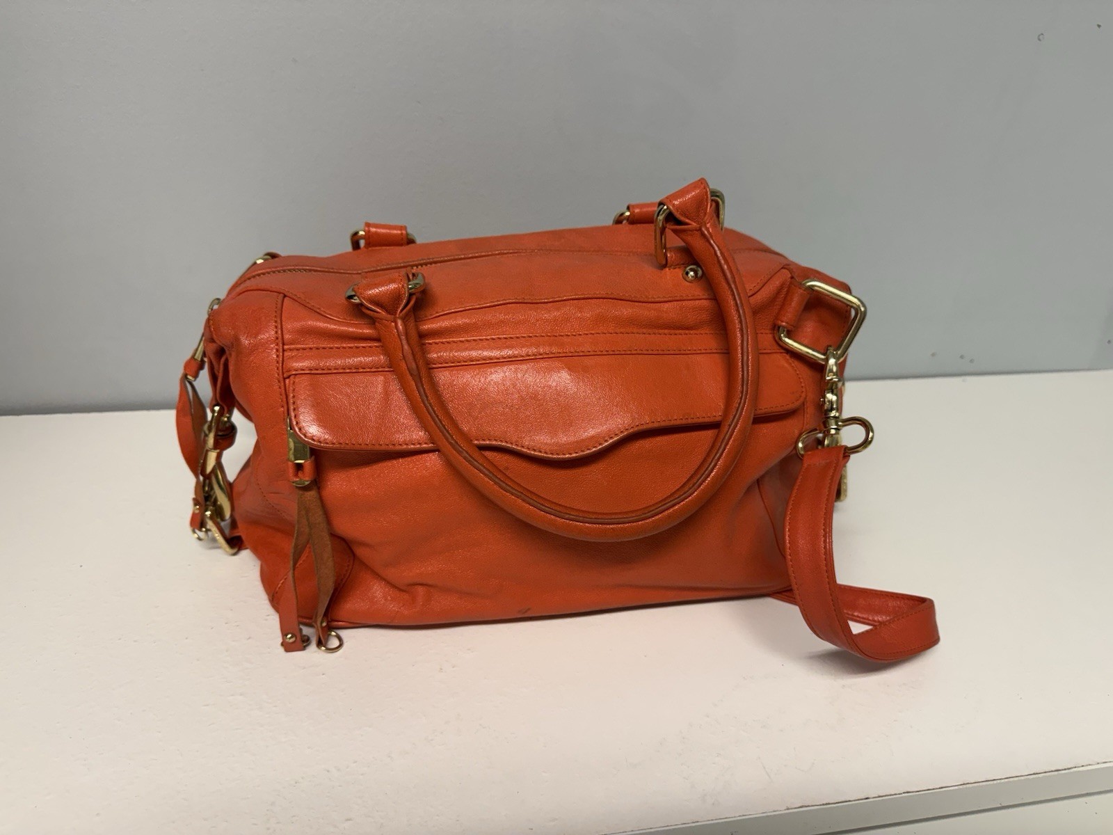 Rebecca Minkoff Leather M.A.B. Satchel Bag Orange Gold Hardware Crossbody