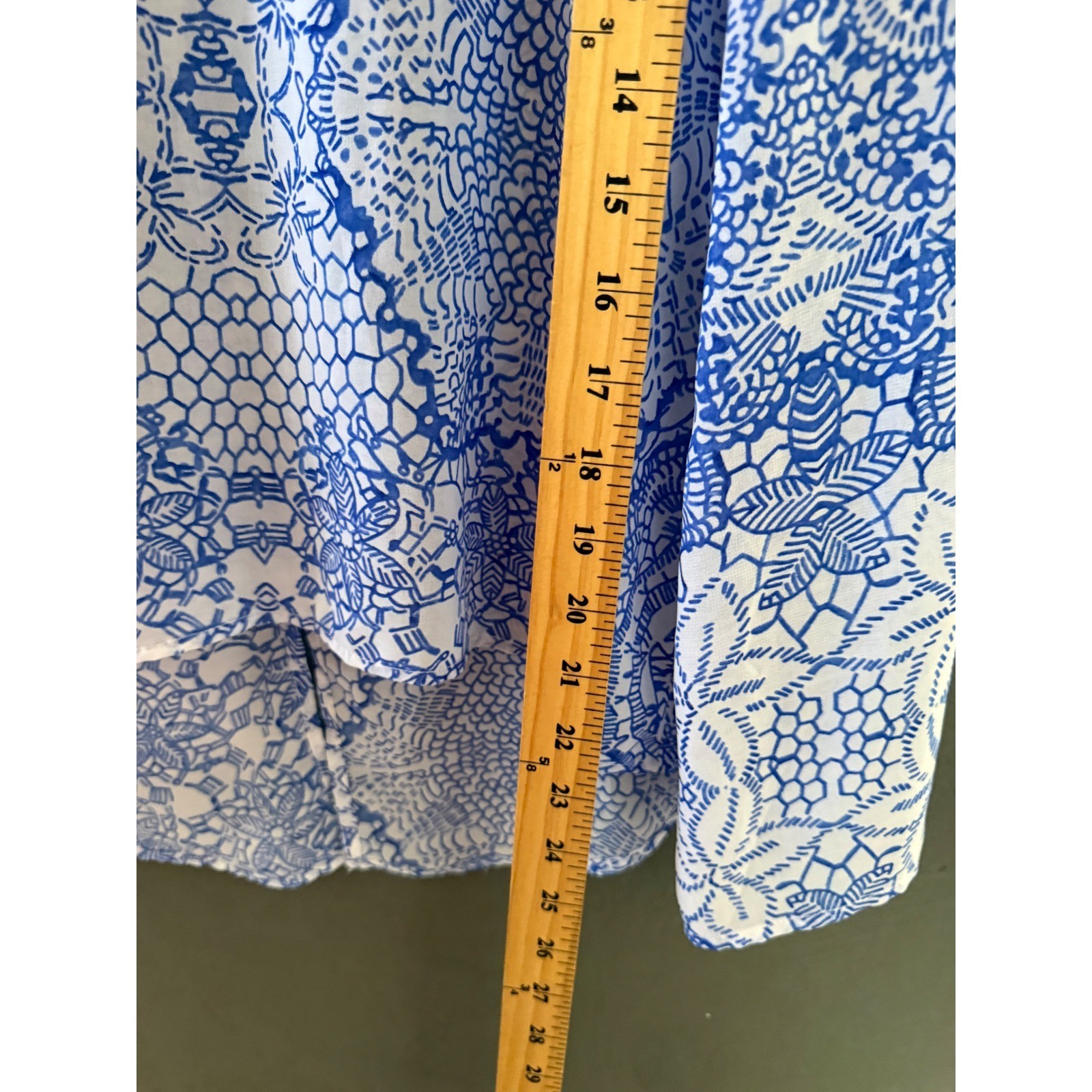 Ambiance Apparel Blue White Geometric Floral Boho Light Weight Blouse Large