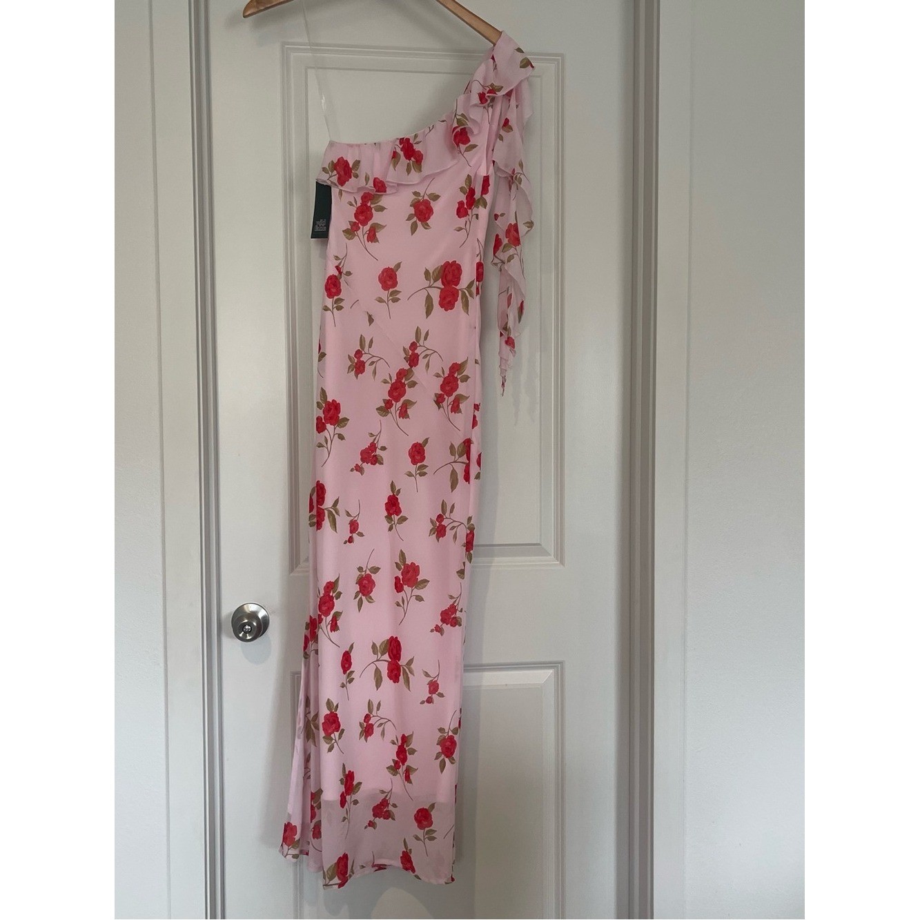 wild fable Pink One-Shoulder Floral Ruffle Maxi Dress with Slit and Zipper NWT