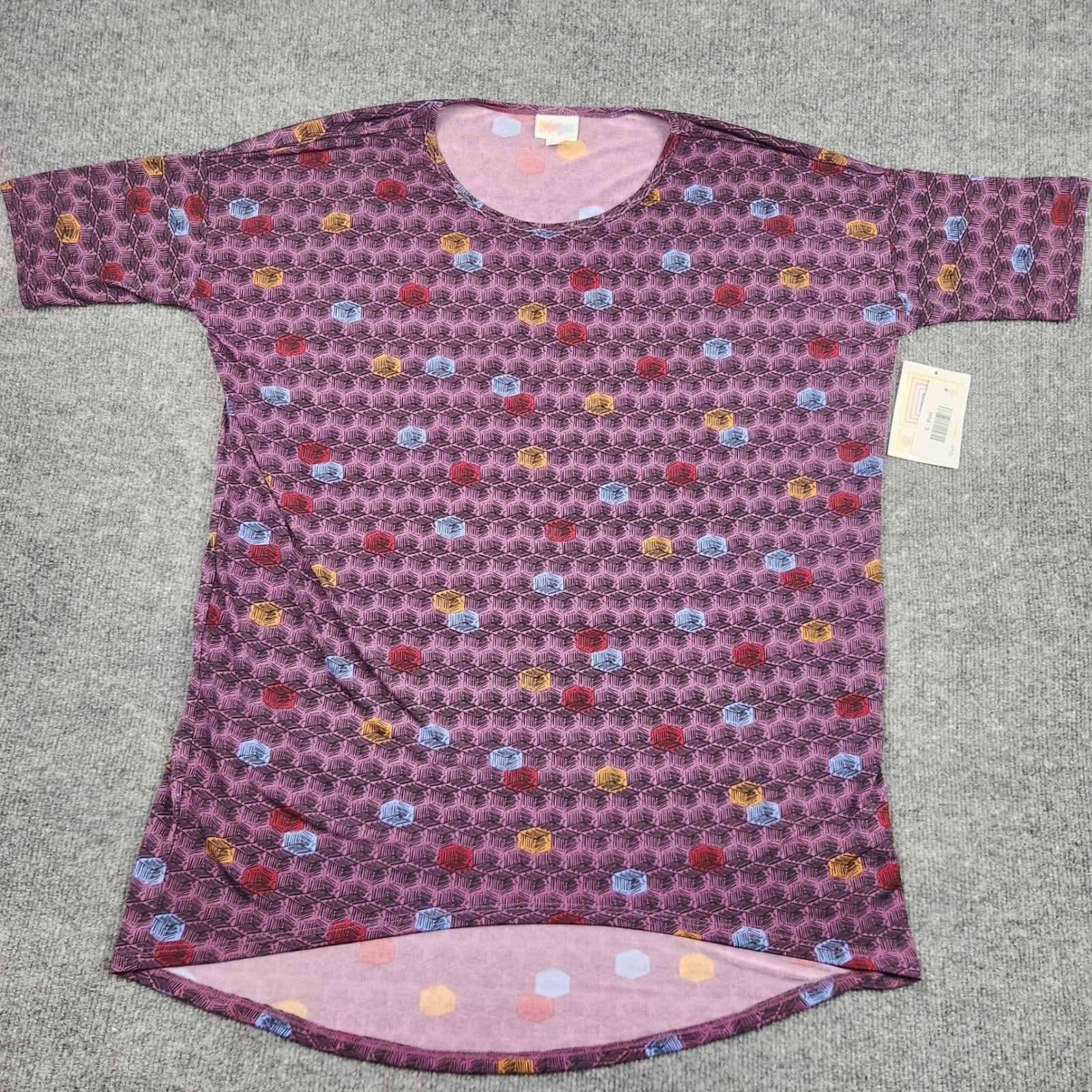 LuLaRoe Irma Tunic Top Womens Small Purple Geometric Cube High-Low Short Sleeve