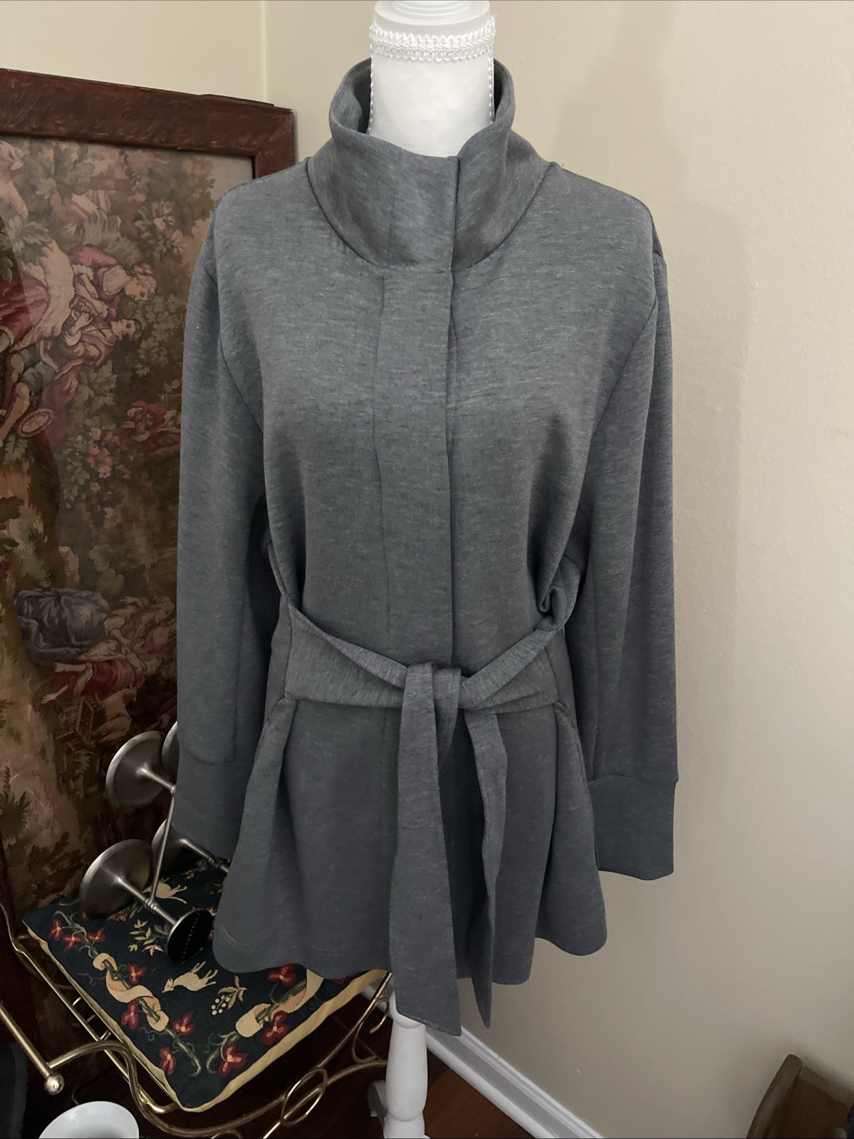 Varley Anset Jacket Large Light Grey Marl Belted Snap Front Doubleface Knit