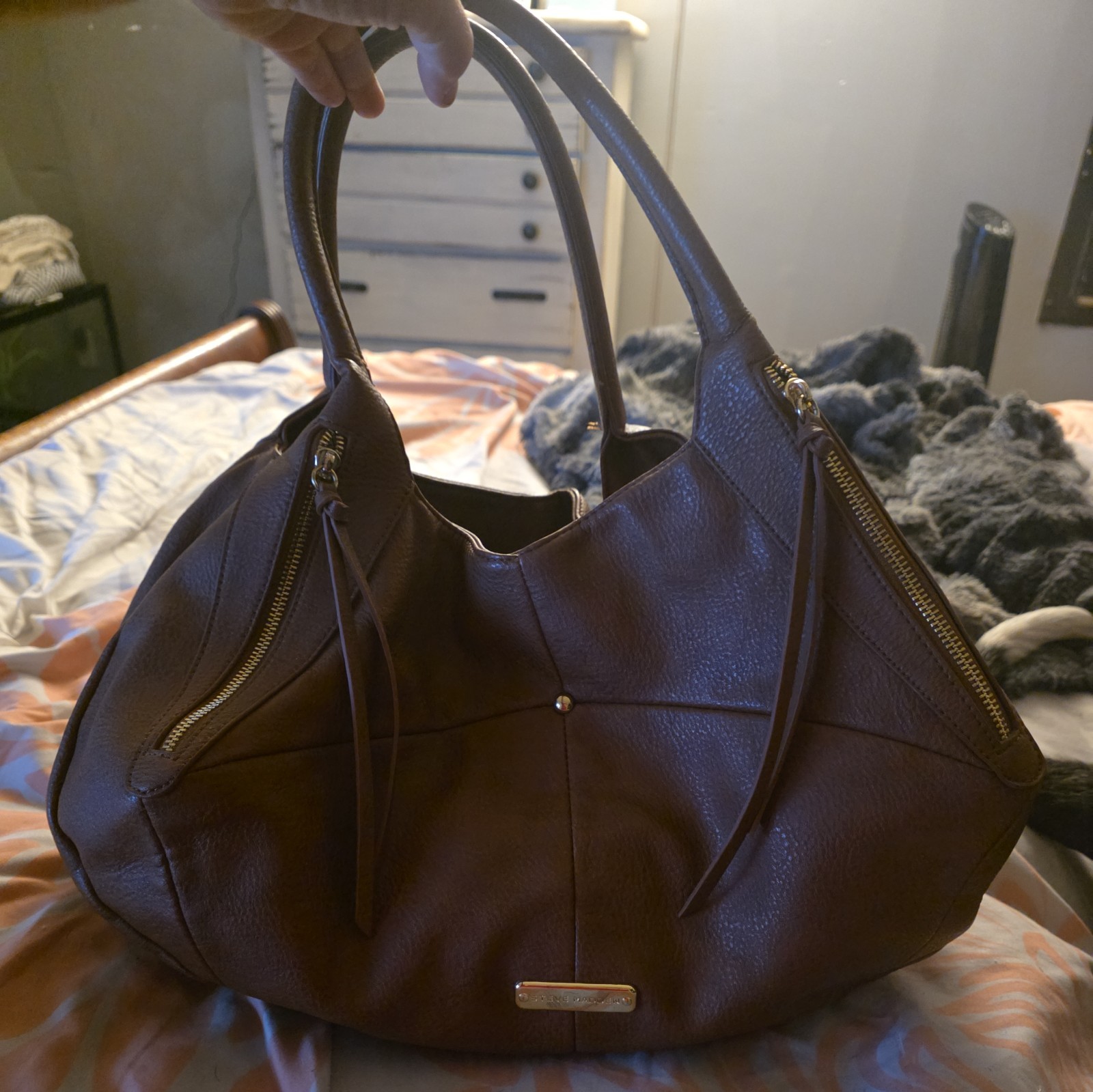 Steve Madden Brown Large Hobo Bag Double Handles Tassel Zipper Accents