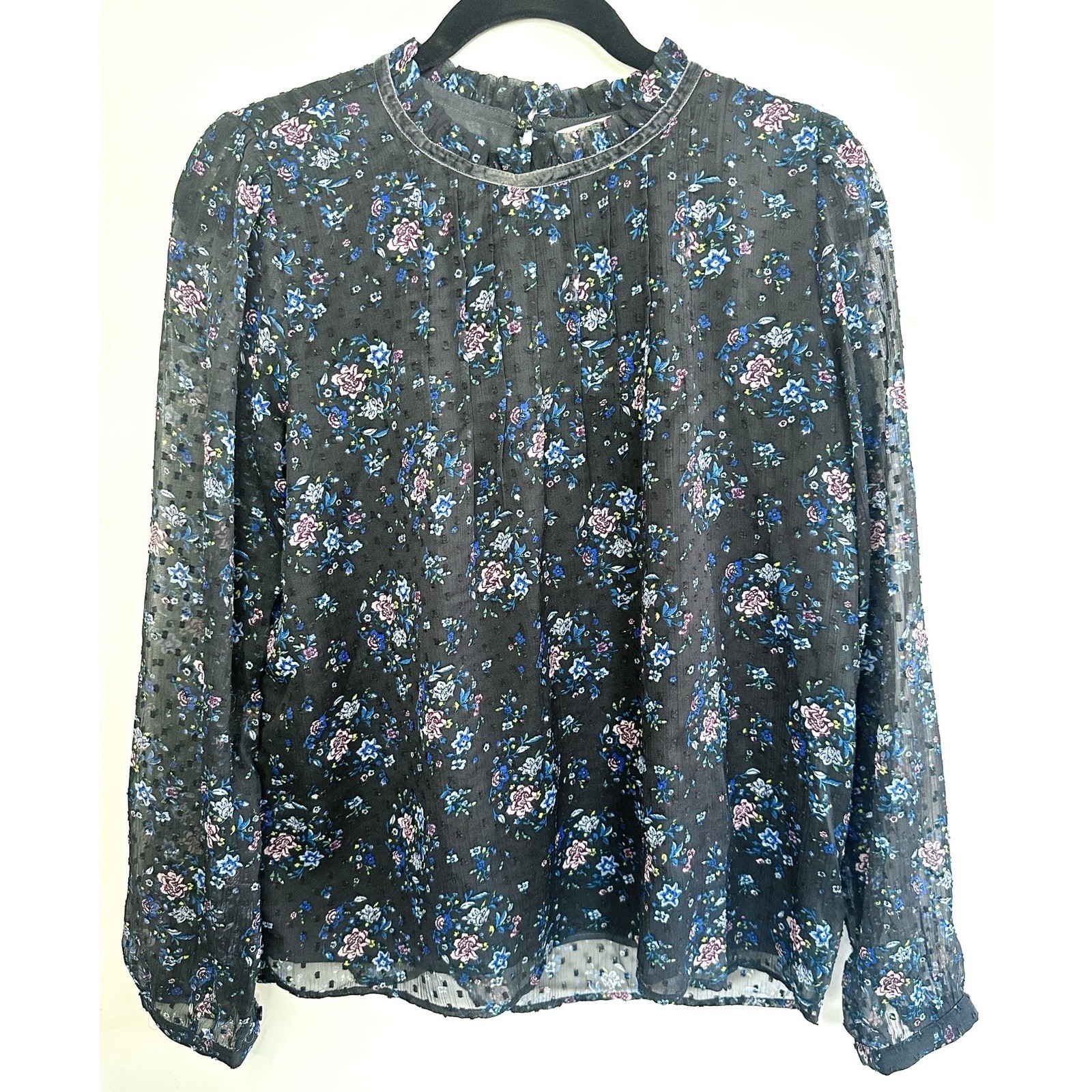 LOFT Floral Clip Dot Blouse Small Black Ruffle Neck Long Sleeve Sheer Cottage