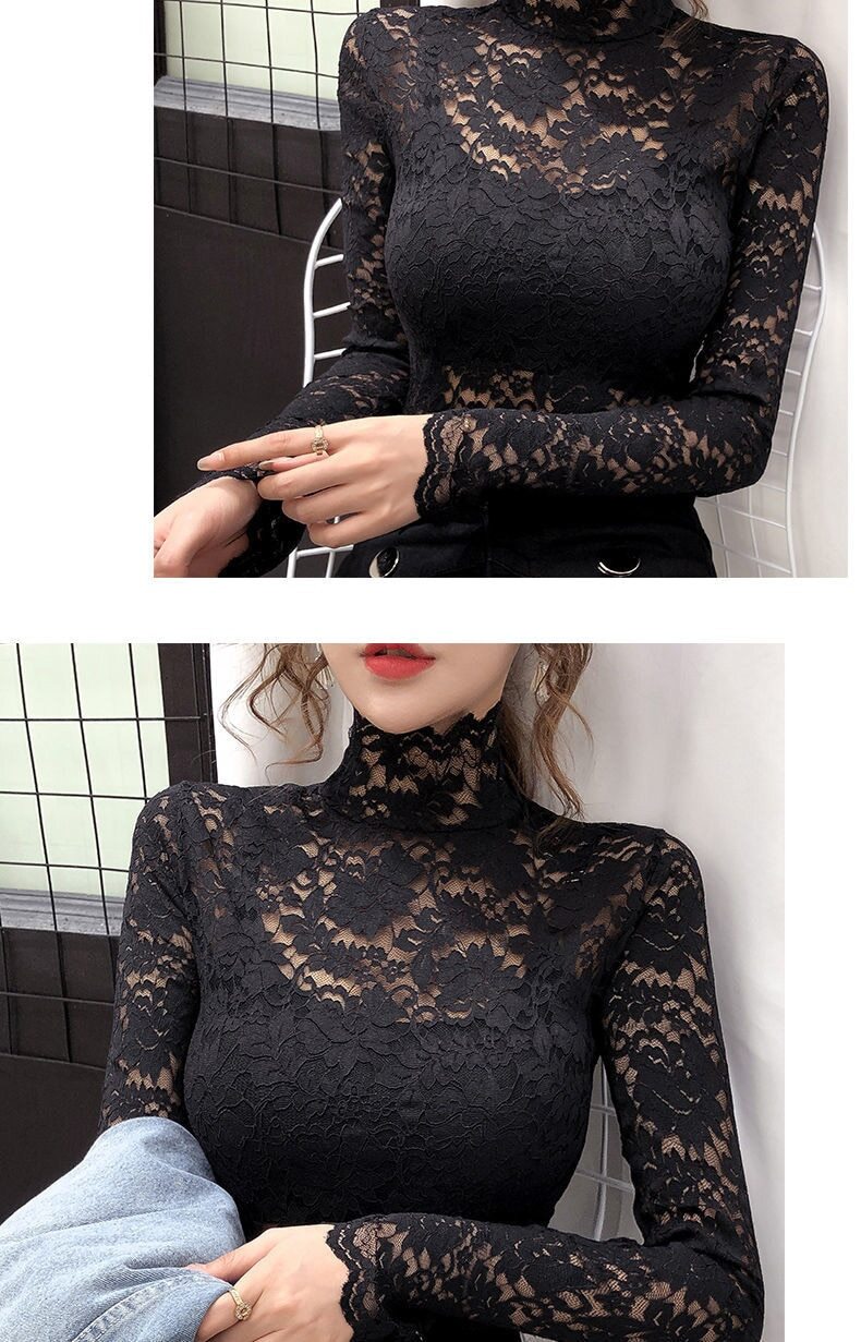 Half High Collar Lace Bottomed Blouse Mesh Hollow Out Long Sleeve Shirt Plush