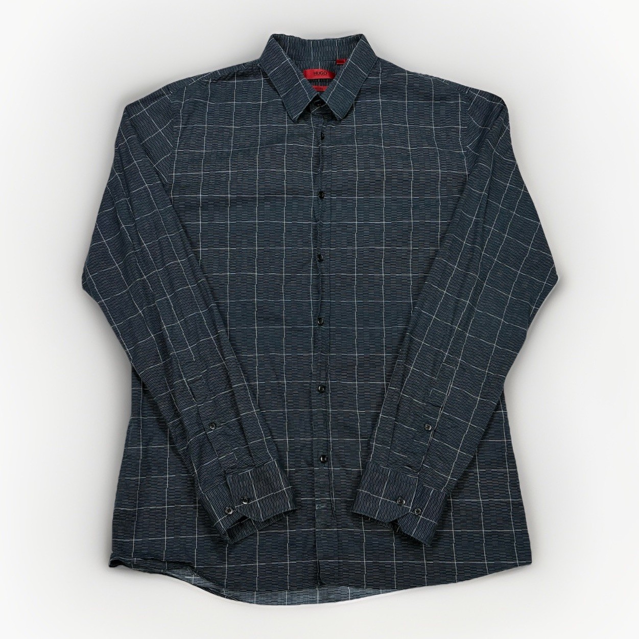 Hugo Boss Slim Fit Gray Geo Check Button Down Shirt Mens Large