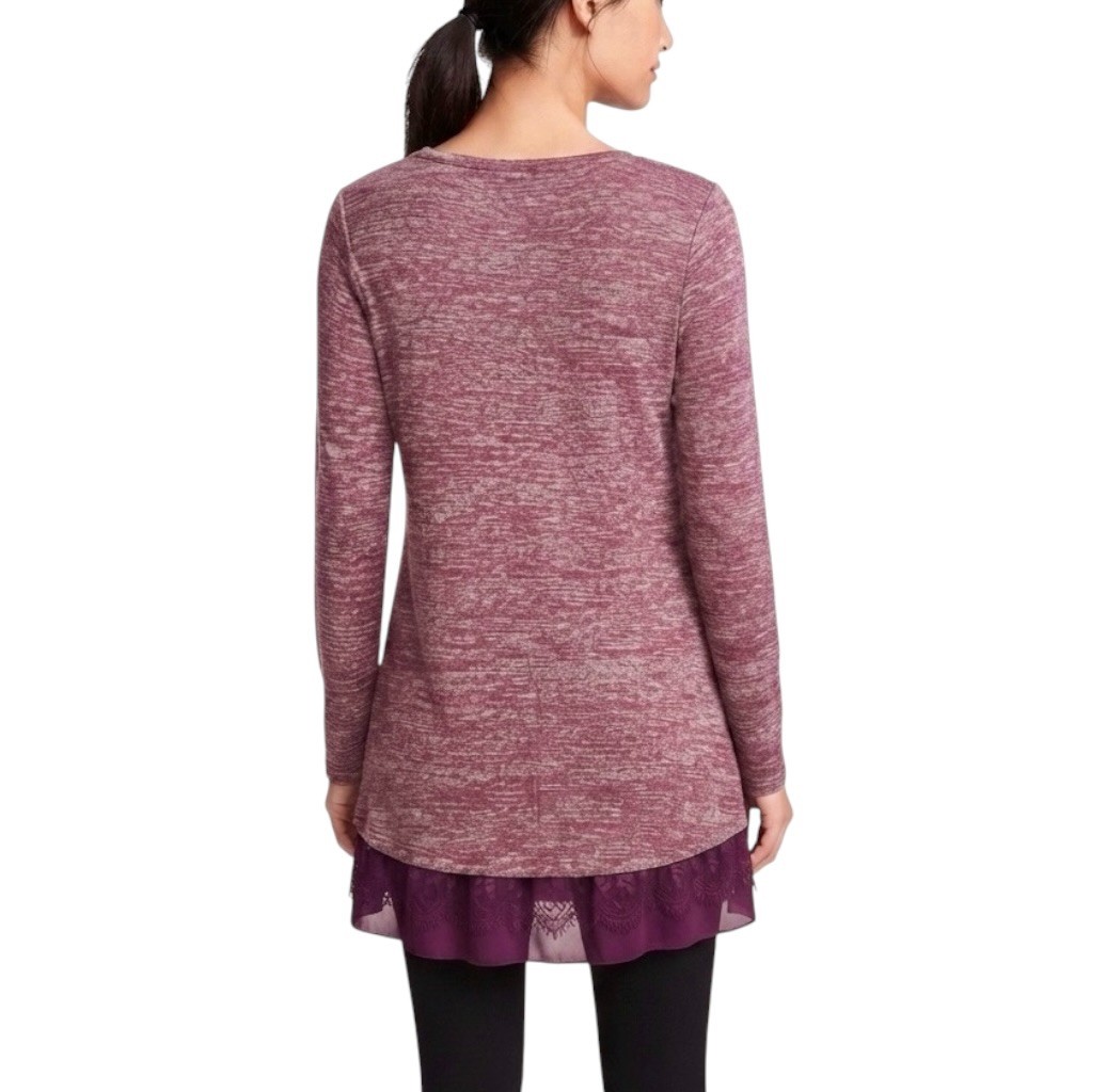 LOGO Lori Goldstein Layered Lace Hem Long Sleeve Marled Knit Tunic XS (2/4) Plum