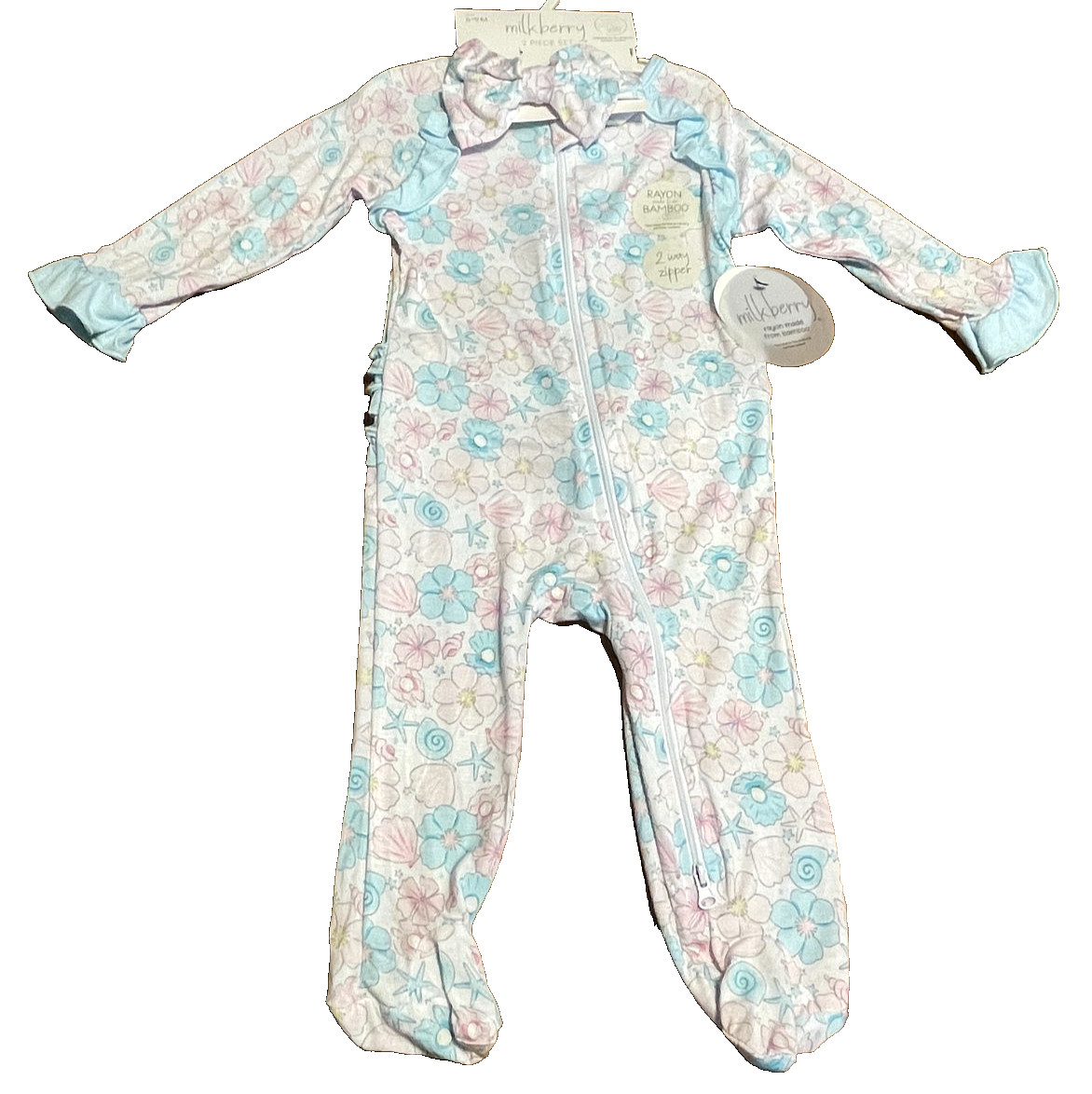 Milkberry Bamboo Shells Flowers Sleeper Ruffles 2 Way Zipper New Girl Baby 6-9M