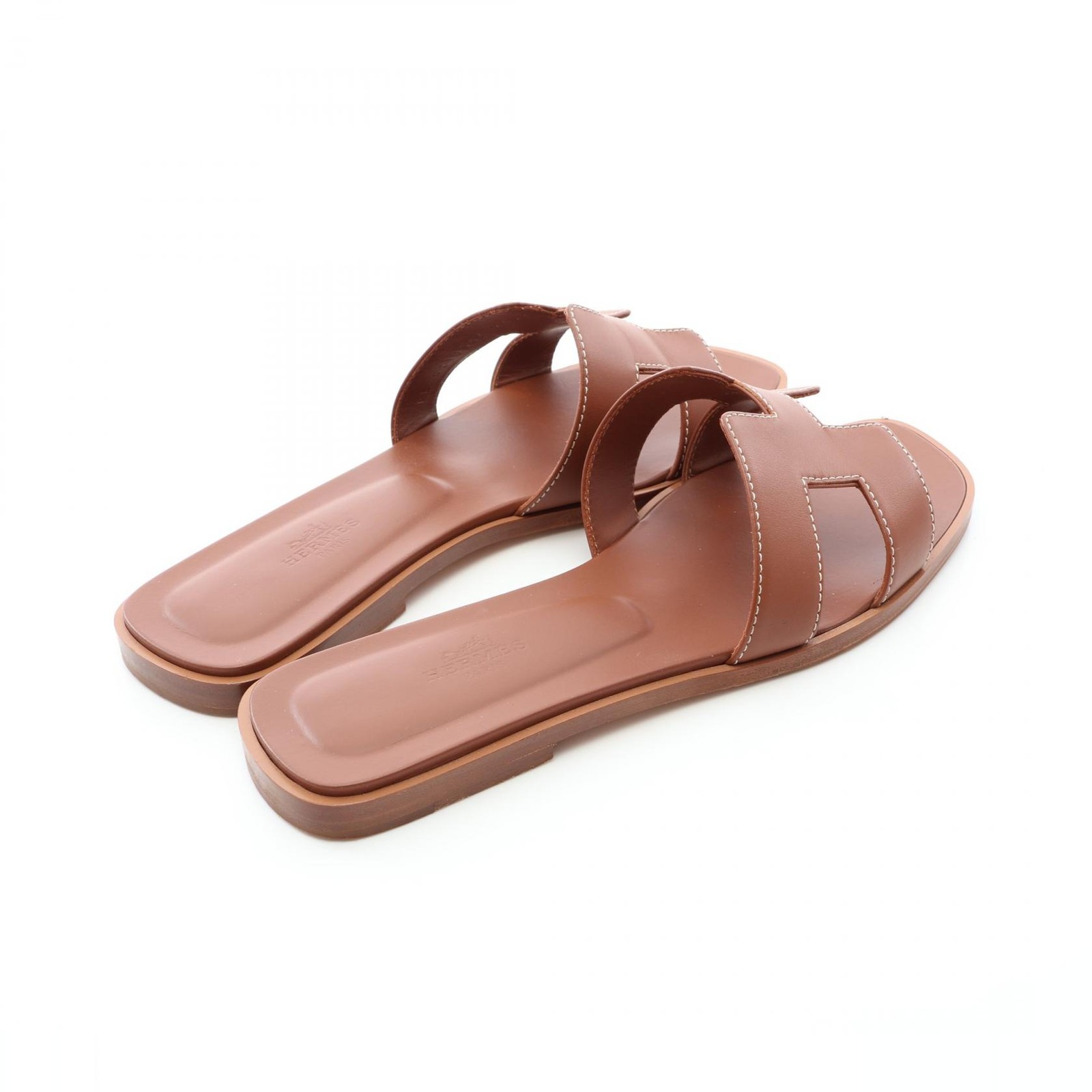 HERMES Oran Mule Flat Sandal #38 Box calf leather Calfskin Brown Gold Used Women