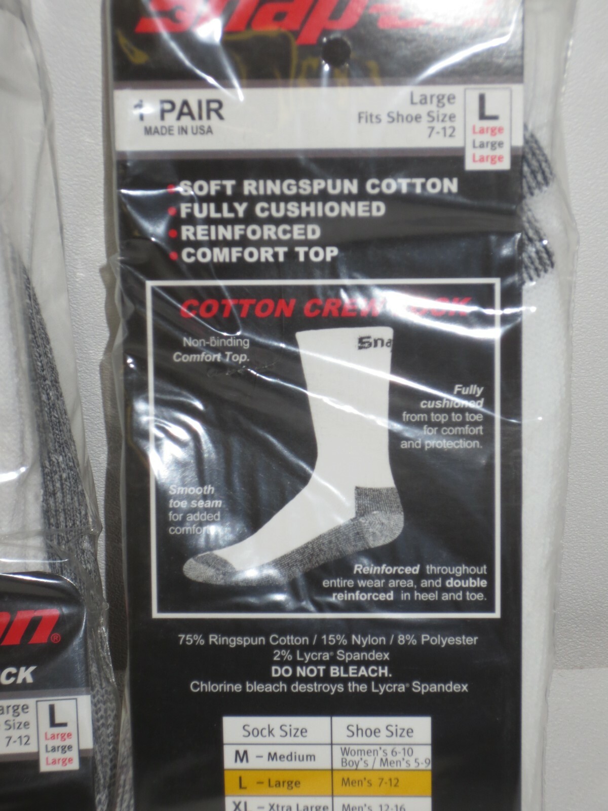 6 PAIRS Snap-On CREW Socks Men’s WHITE LARGE ~ FREE SHIPPING ~ MADE IN USA *NEW*