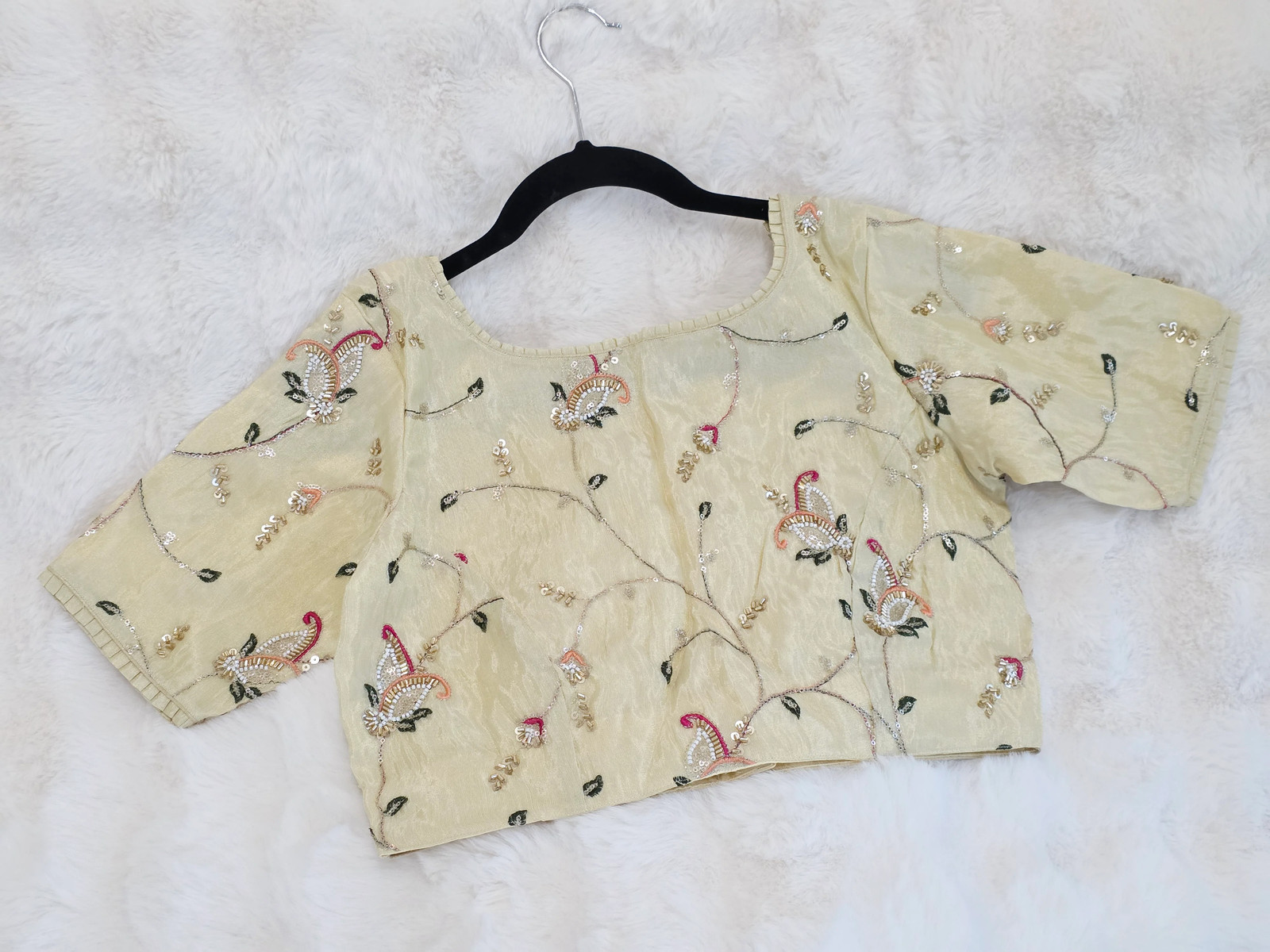 Champagne Ivory Tissue Fabric Embroidered Sequins Designer Blouse
