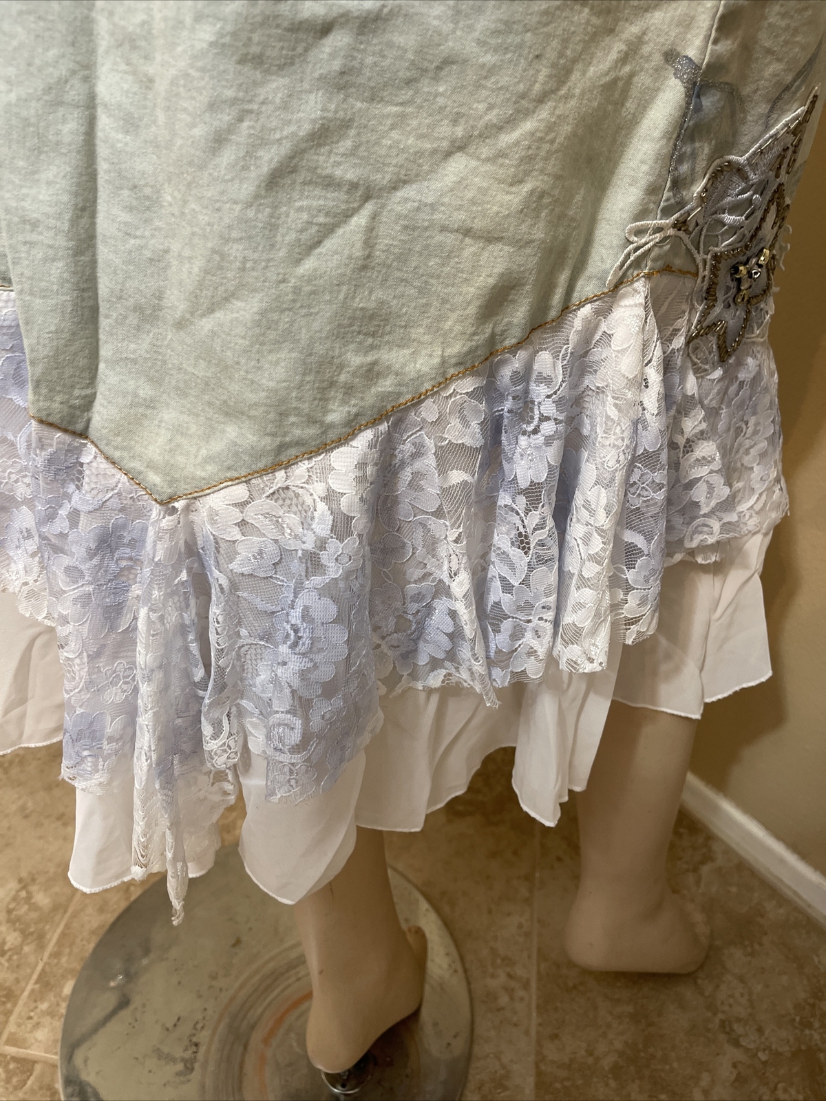 Women’s Blue Denim Cotton Beaded Embroidery Zip Boho Size XL(10-12) Skirt SK 715