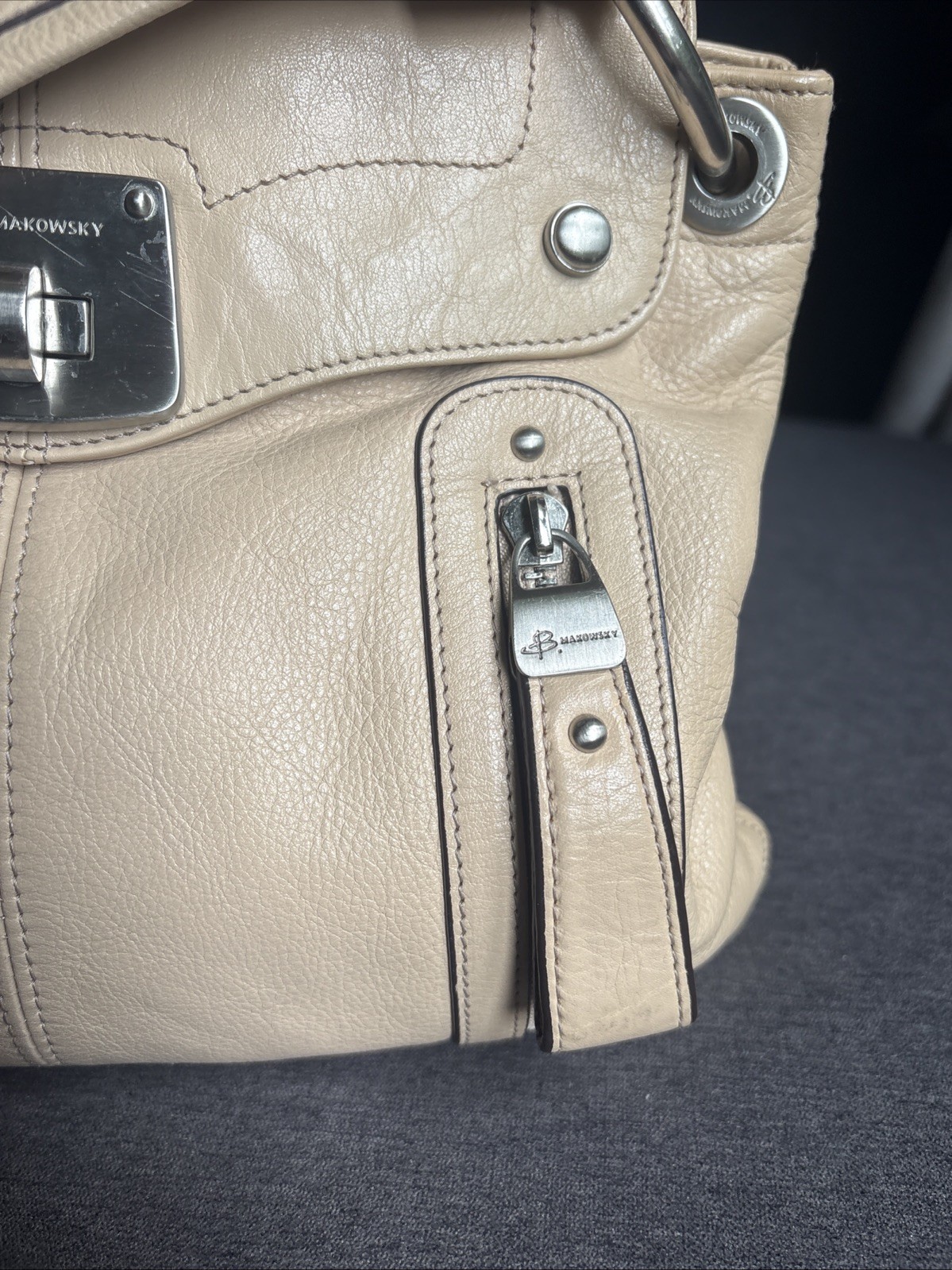 B. Makowsky Small Tan Leather Shoulder Bag Purse with Padded Single Strap