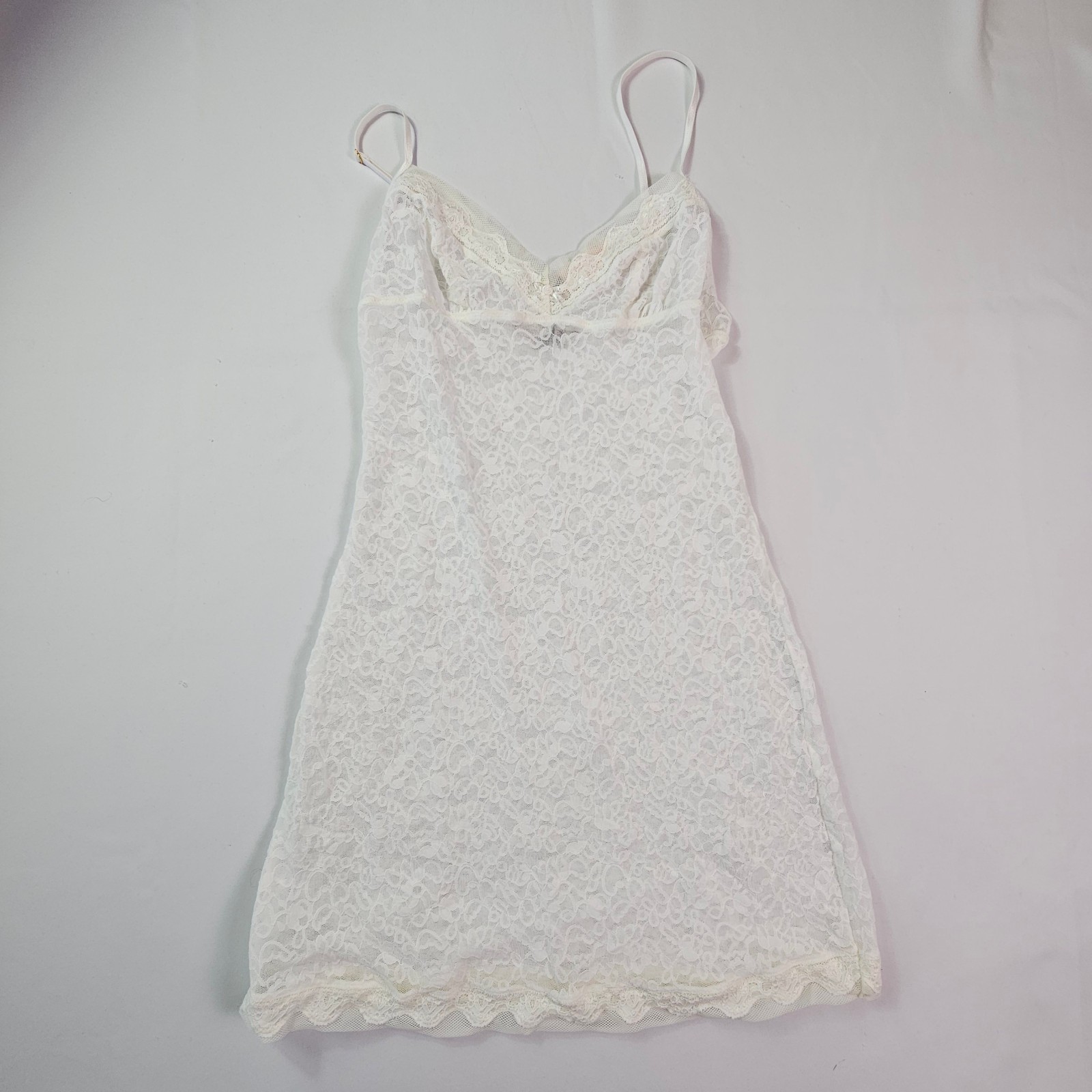 Victoria’s Secret Slip Dress Medium White Lace Sheer Mesh Chemise STAIN