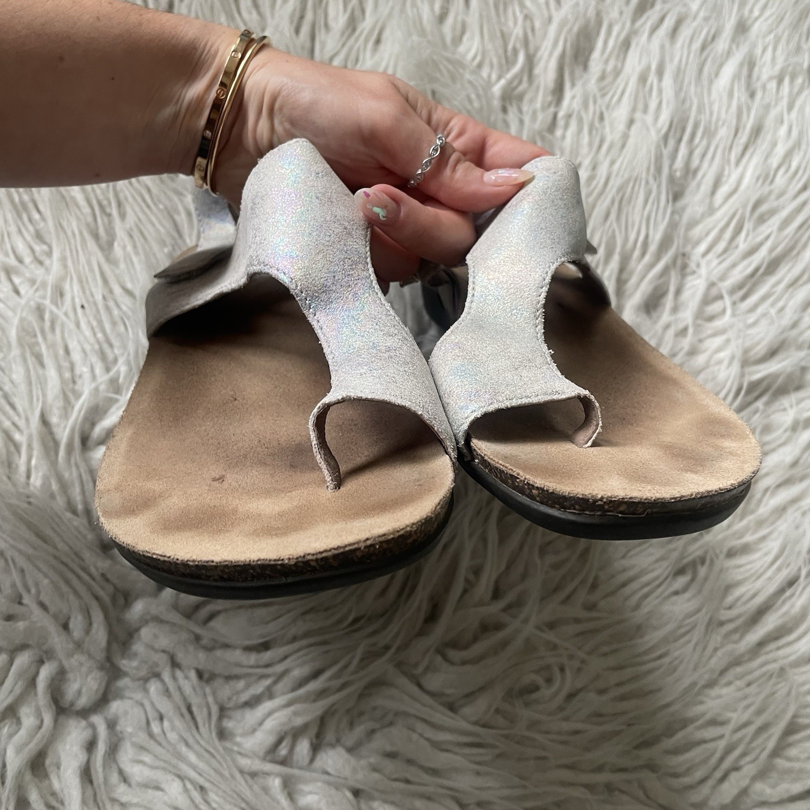 Dansko Reece Pearl Petrol Multicolor Leather Toe Loop Slingback Sandals EUC 39