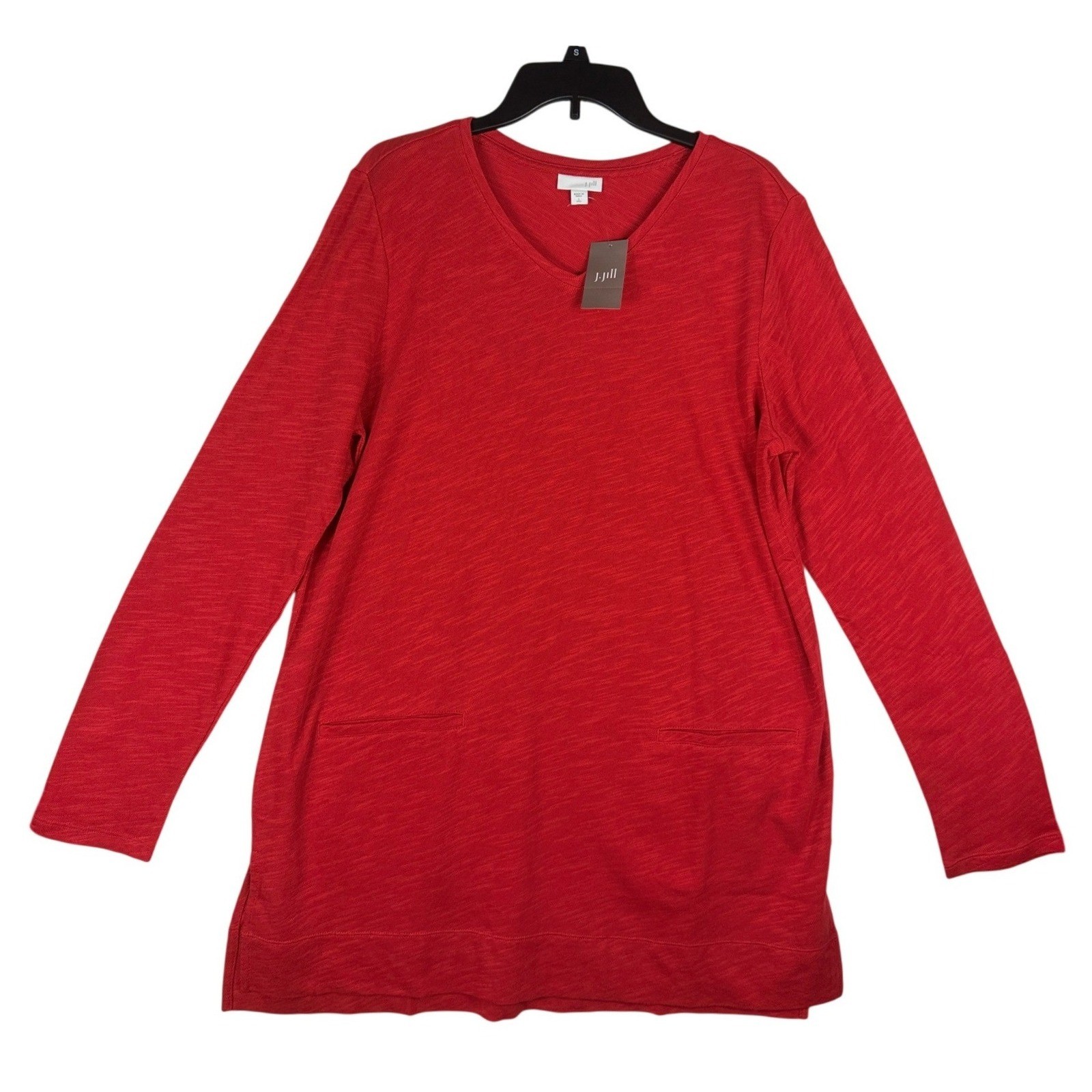 J. Jill Red Slub Cotton V-Neck Tunic Top Long Sleeve Pockets Womens LT Tall NEW
