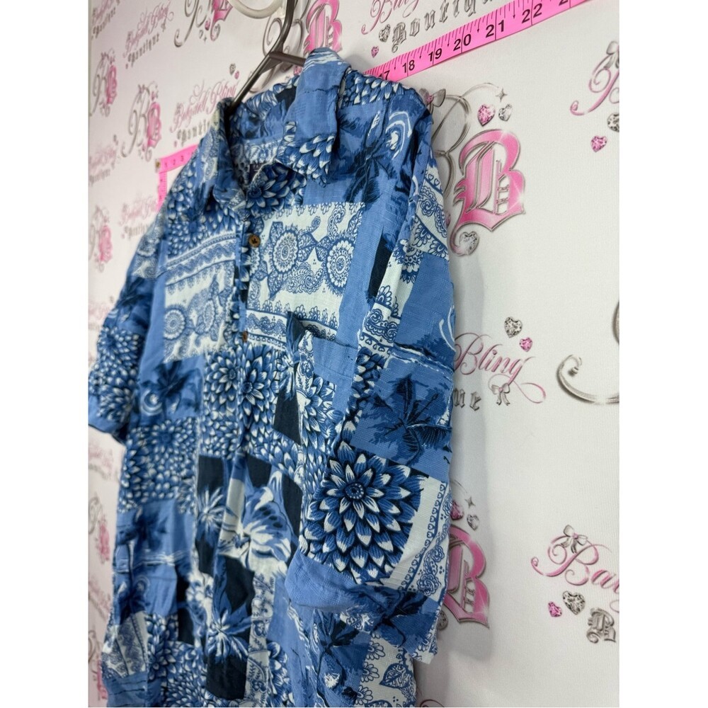 Hathaway shirt tropical palm Blue Patchwork Floral Short-Sleeve Button Down